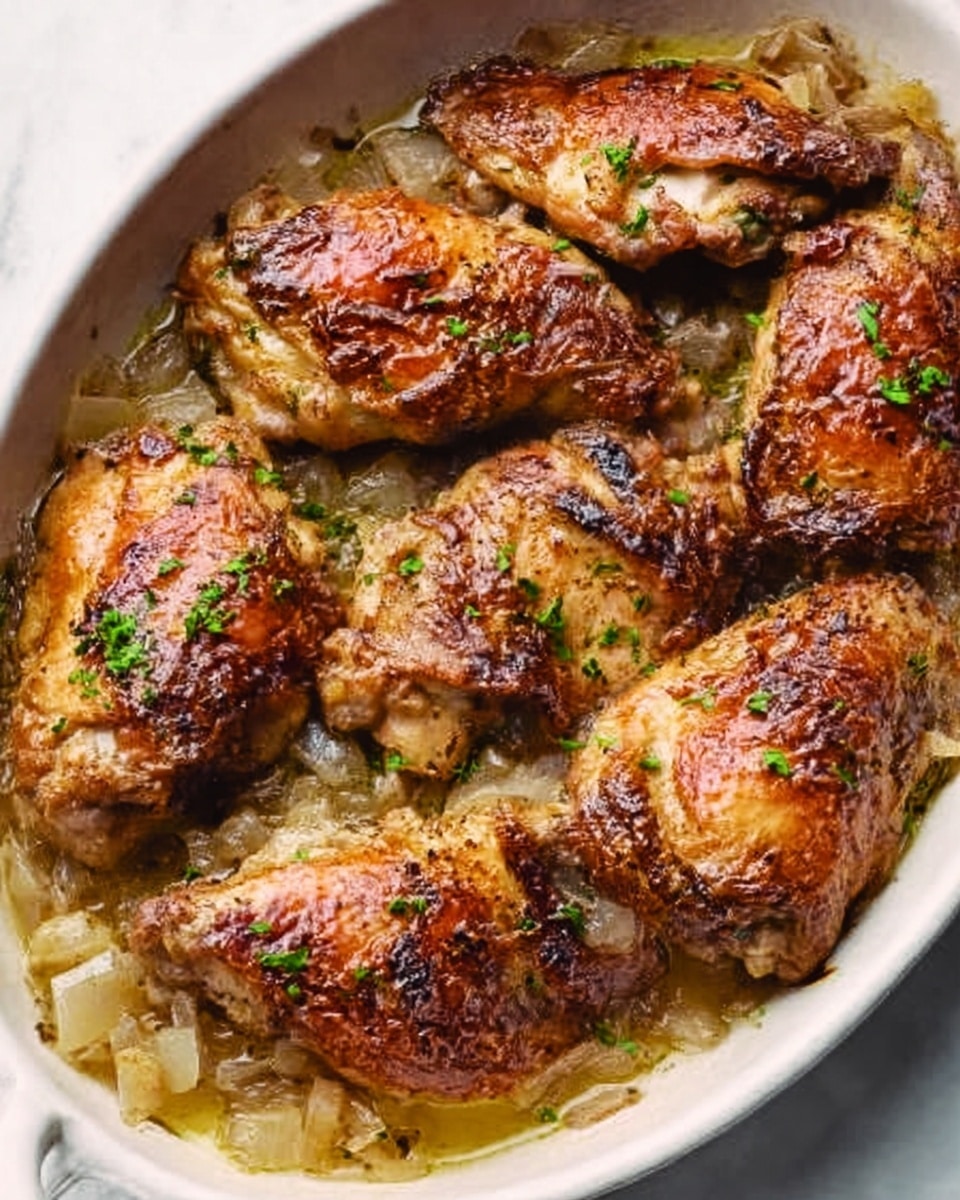 The image shows a white oval dish filled with several cooked pieces of golden brown chicken with crispy skin, resting on a bed of diced onions that are soft and light brown in color. The chicken pieces have a slight shine from juices and small green herb sprinkles on top, adding a fresh touch. The white marbled surface underneath the dish creates a clean and bright background. A woman's hand is holding the dish from the side. Photo taken with an iphone --ar 4:5 --v 7