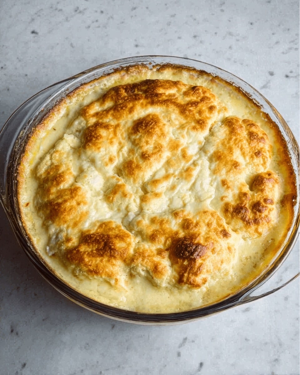 The image shows a round white glass dish filled with a baked casserole that has a golden brown crust on top. The top layer is a thick, uneven crust with a slightly rough texture and some darker baked spots. Below the crust, the creamy filling peeks through around the edges, showing a pale yellow and soft creamy texture. The dish is placed on a white marbled surface. Photo taken with an iphone --ar 4:5 --v 7