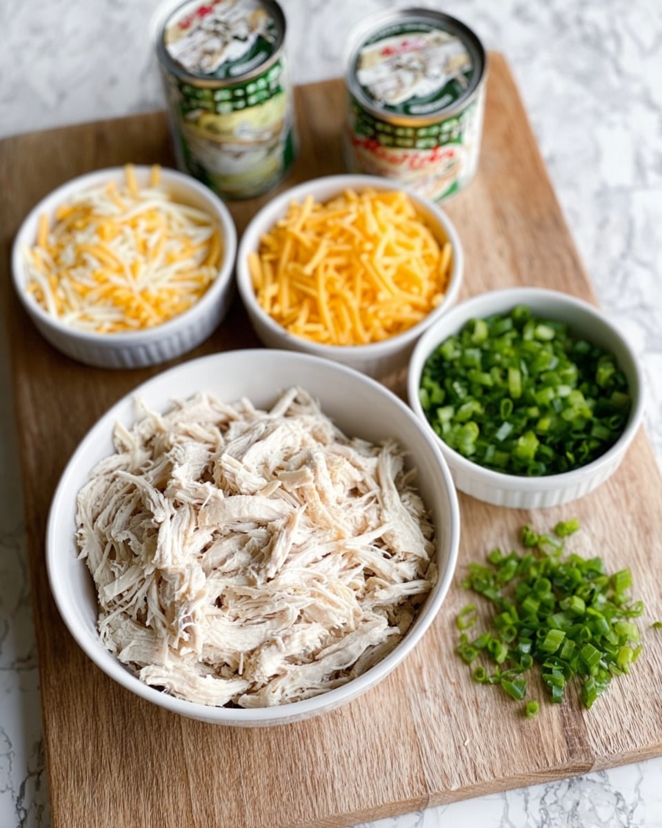 A white bowl filled with shredded chicken sits on a wooden board, surrounded by smaller white bowls containing shredded yellow and white cheese, chopped green onions, and chopped green herbs. Two small cans of chicken are also on the wooden board. The background is a white marbled texture. The scene is bright and clear, showcasing the fresh ingredients, photo taken with an iphone --ar 4:5 --v 7