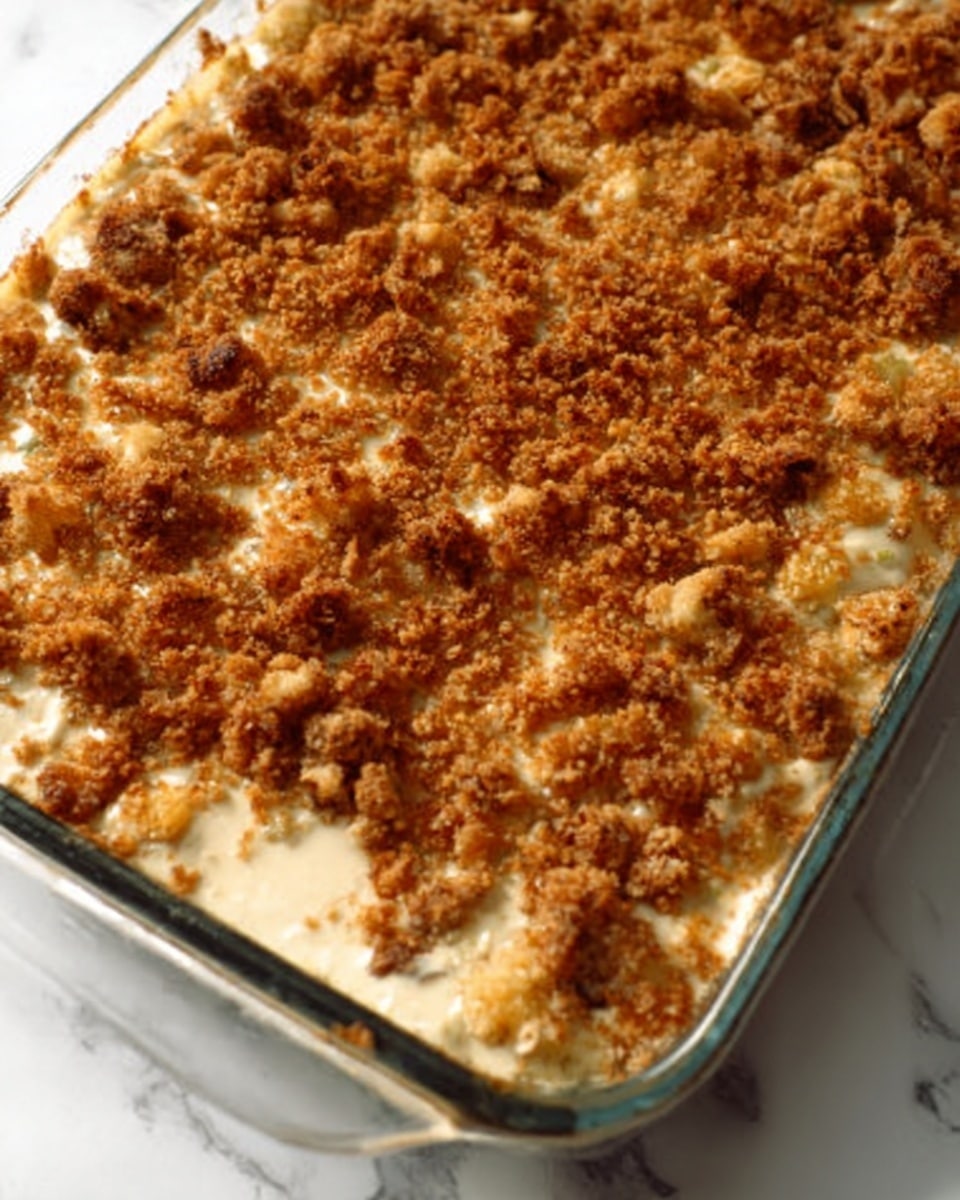 A rectangular glass baking dish filled with a layered casserole. The bottom layer looks creamy and smooth with a pale beige color, topped with a thick layer of browned, crispy crumbled topping that is golden brown with some darker spots, showing a rough and crunchy texture. The dish is placed on a white marbled surface. Photo taken with an iphone --ar 4:5 --v 7