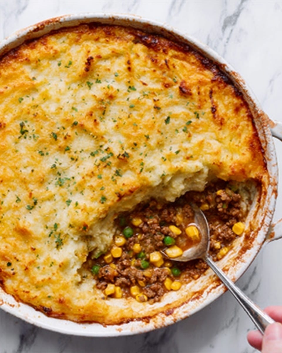 A large white oven dish filled with a layered shepherd's pie. The bottom layer shows cooked ground meat mixed with peas and corn in a brown sauce, visible where a spoon has scooped out a part. The top layer is a thick, golden baked mashed potato crust with some light browned spots and sprinkled green herbs. A silver spoon rests inside the empty part, and a woman's hand holds the edge of the dish. The background is a white marbled surface. Photo taken with an iphone --ar 4:5 --v 7
