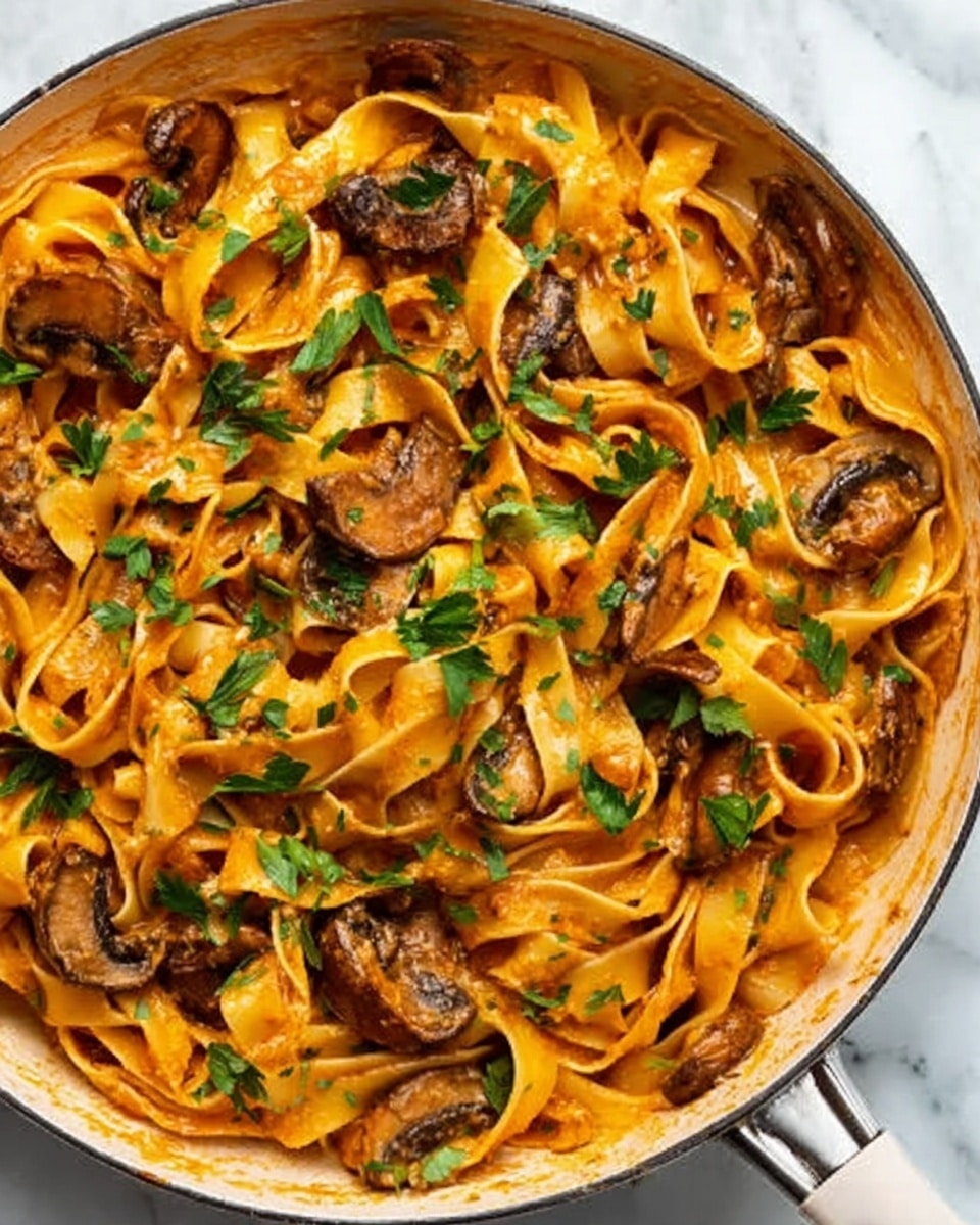The image shows a white pan filled with a creamy pasta dish made of wide, flat noodles coated in a rich orange sauce. On top and mixed throughout, there are sliced brown mushrooms, and fresh green parsley leaves are scattered over the noodles adding a fresh color contrast. The texture of the pasta looks smooth and creamy, with the mushrooms providing a soft, earthy layer. The pan sits on a white marbled surface, and a woman’s hand is holding the handle of the pan at the bottom right corner of the image. photo taken with an iphone --ar 4:5 --v 7