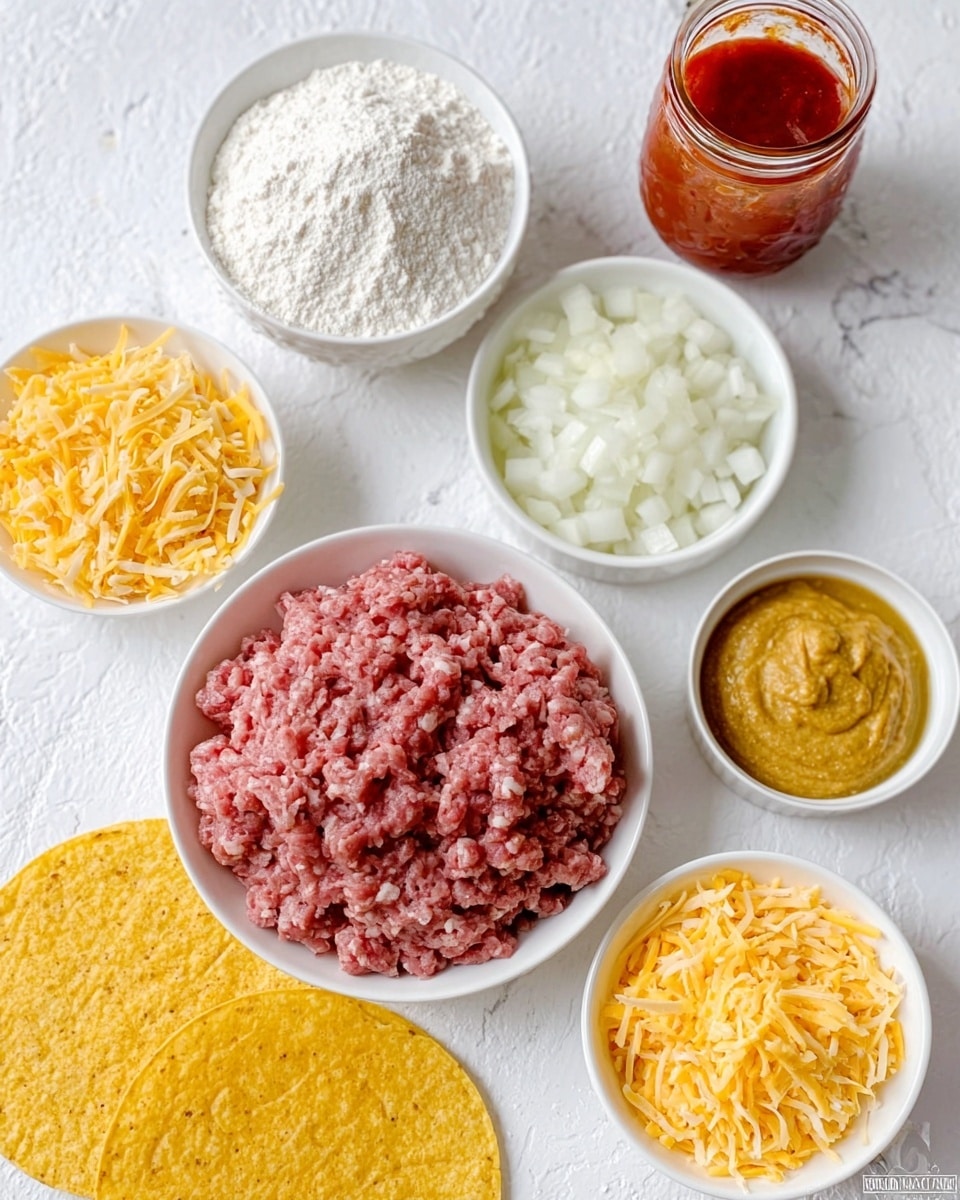 This image shows a white marbled surface with six white bowls and a white plate arranged neatly. In the center is a bowl filled with raw ground meat, its texture soft and crumbly with a reddish-pink color. Above it is a bowl full of diced white onions, small and finely chopped. To the right of the meat is a smaller bowl containing a mustard-yellow paste. Below that is a bowl of shredded yellow cheese with a slightly rough texture. To the left of the meat is a bowl holding white flour, powdery and smooth. Above the flour is an open can and beside it a jar filled with red tomato sauce behind the bowls. At the bottom left, overlapping the flour bowl, is a stack of yellow corn tortillas with a slightly rough surface. The setting is clean and bright, and the image has a natural and fresh look. Photo taken with an iphone --ar 4:5 --v 7