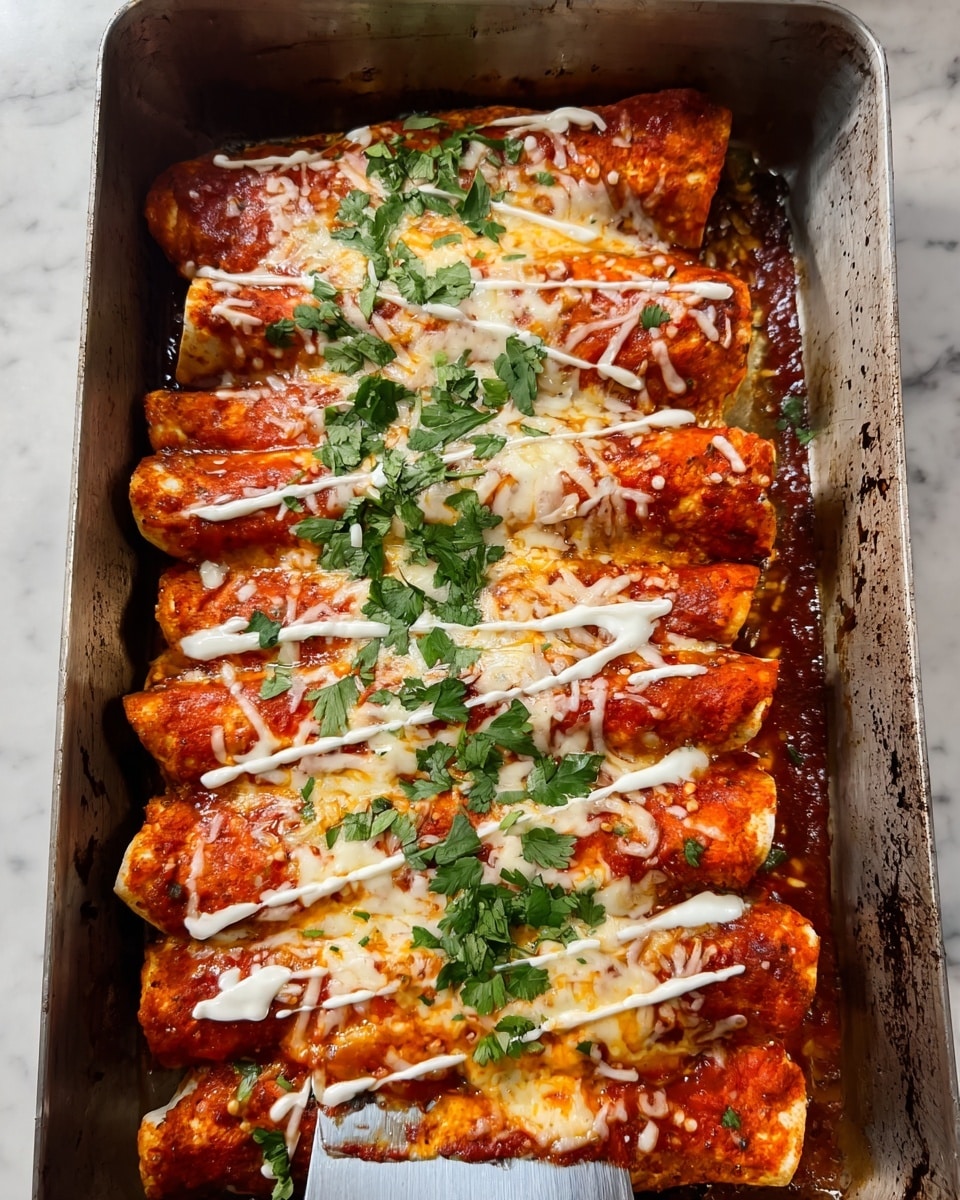 The image shows six rolled enchiladas placed side by side in a metal baking pan with some baked-on marks around the edges. Each enchilada is covered in a bright red sauce, topped with a generous layer of melted white cheese that is stringy and slightly browned in spots. There are smooth white lines of sour cream or crema drizzled across each one, and fresh green cilantro leaves are scattered on top and around the enchiladas for a fresh pop of color. The dish looks hot and ready to serve, with a spatula lifting a corner enchilada. The background is a white marbled surface. Photo taken with an iphone --ar 4:5 --v 7