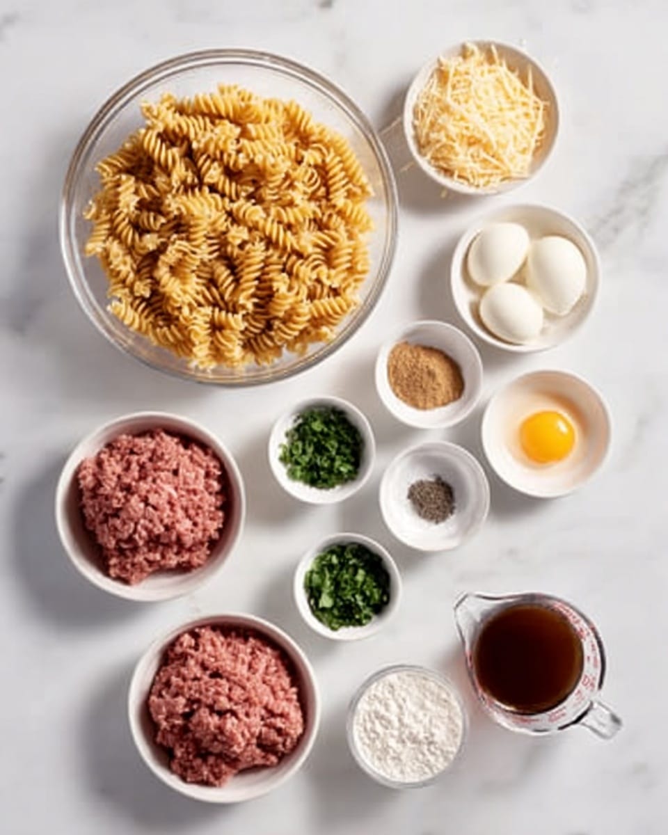 A white marbled surface with an arrangement of clear glass and white bowls and cups holding various ingredients for cooking. In the top left, there is a large clear bowl filled with cooked rotini pasta, golden and twisted. To the right, small white bowls contain shredded cheese, two raw egg yolks, a brown powder (probably cinnamon), and a creamy white liquid. Below them, more small white bowls hold chopped fresh green herbs, white and dark powders (likely spices), and a small dish of white granulated salt. On the bottom left, there are two white bowls with raw ground meat, one darker red and the other light pink. Next to them is a measuring cup filled with a dark brown liquid, likely broth or sauce. A small measuring cup with white flour is placed near the center. A woman's hand is not visible but implied. Photo taken with an iphone --ar 4:5 --v 7