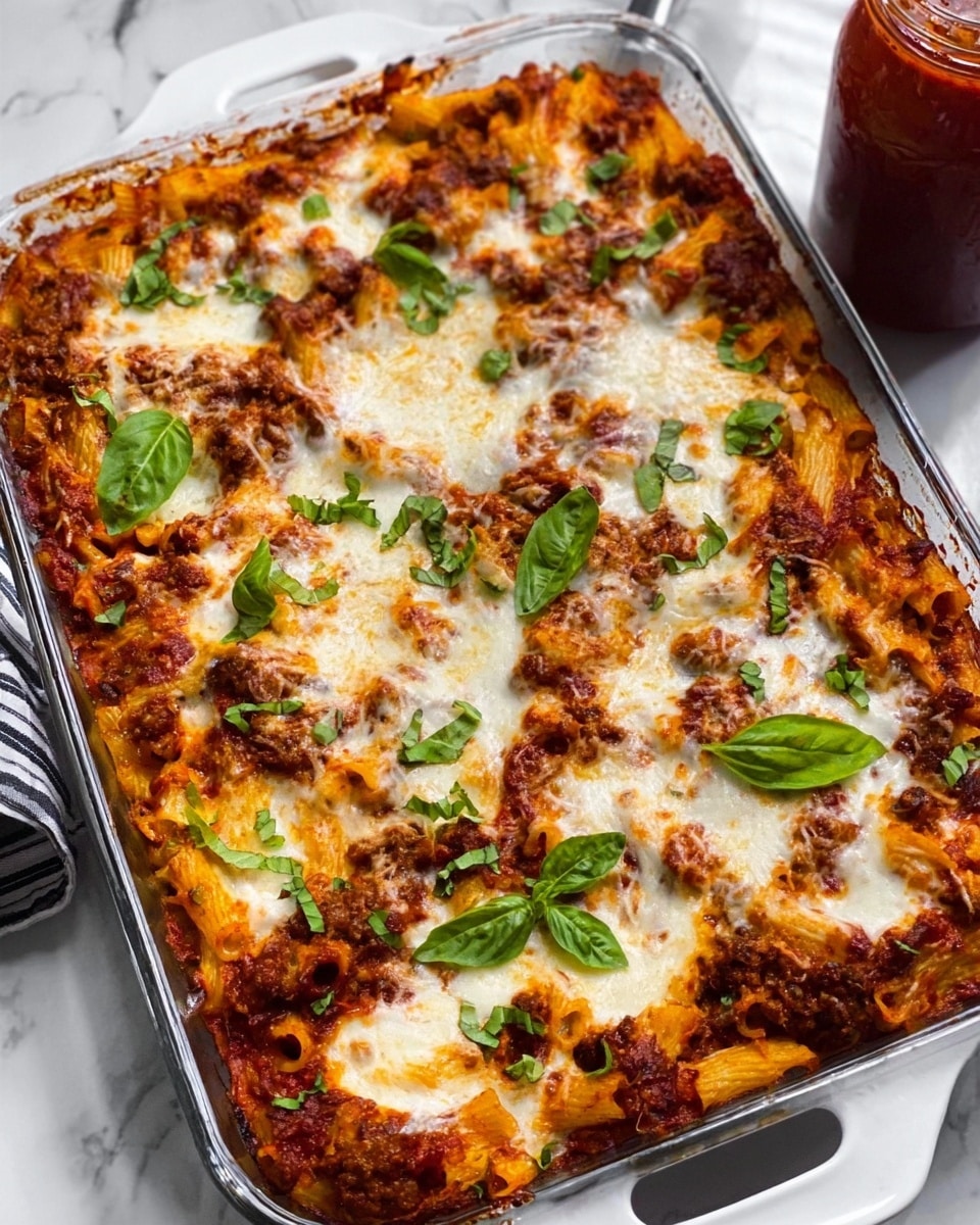 A white rectangular glass baking dish filled with a layered baked pasta dish that has a rich red tomato sauce base mixed with browned meat, topped with melted white and golden cheese spread unevenly across the surface. Fresh green basil leaves are scattered on top, adding a pop of color. The dish sits on a white marbled surface with a glass jar of red sauce in the background. photo taken with an iphone --ar 4:5 --v 7
