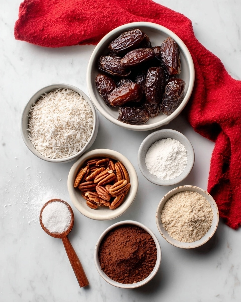 The image shows six small white bowls arranged on a white marbled surface, each filled with different ingredients. At the top center, there is a bowl full of dark brown dates. To the right, another bowl holds a small amount of white powder, possibly salt or baking soda. Below, a bowl with medium brown pecans sits next to a bowl with a light beige powder, likely flour or almond meal. On the left side near the bottom, a bowl filled with shredded white coconut is placed next to a larger bowl filled with a dark brown powder, possibly cocoa. A small wooden spoon with a white powder rests at the bottom left. A bright red cloth is draped in the upper right corner. Photo taken with an iphone --ar 4:5 --v 7