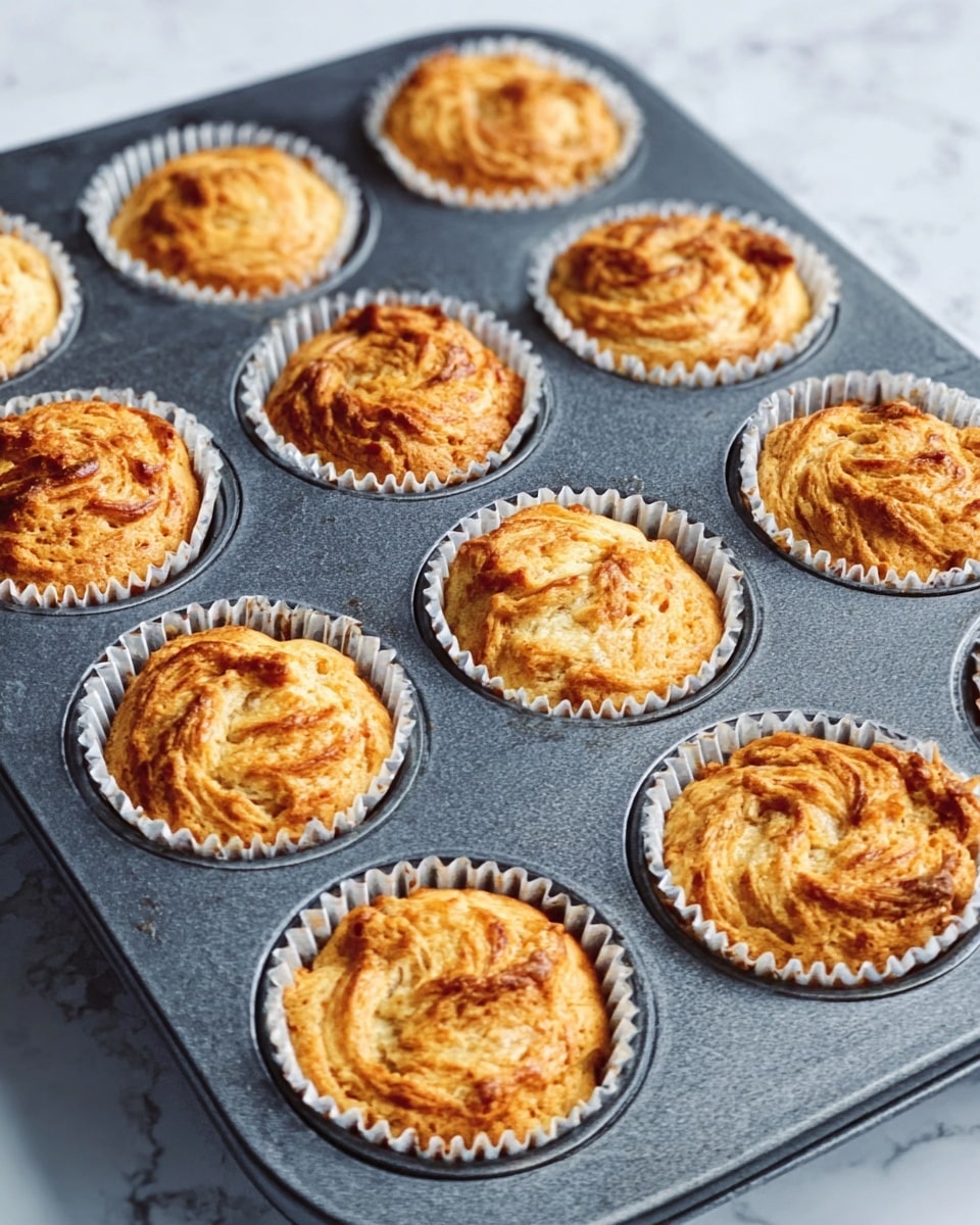 The image shows a baking tray with twelve muffins in silver paper liners. Each muffin has a golden brown top with swirled, slightly textured surfaces that show a soft, baked inside. The muffins are evenly spaced in a dark gray metal tray resting on a white marbled surface. The light reflects softly on the tray’s edges, highlighting the fresh look of the warm muffins. Photo taken with an iphone --ar 4:5 --v 7