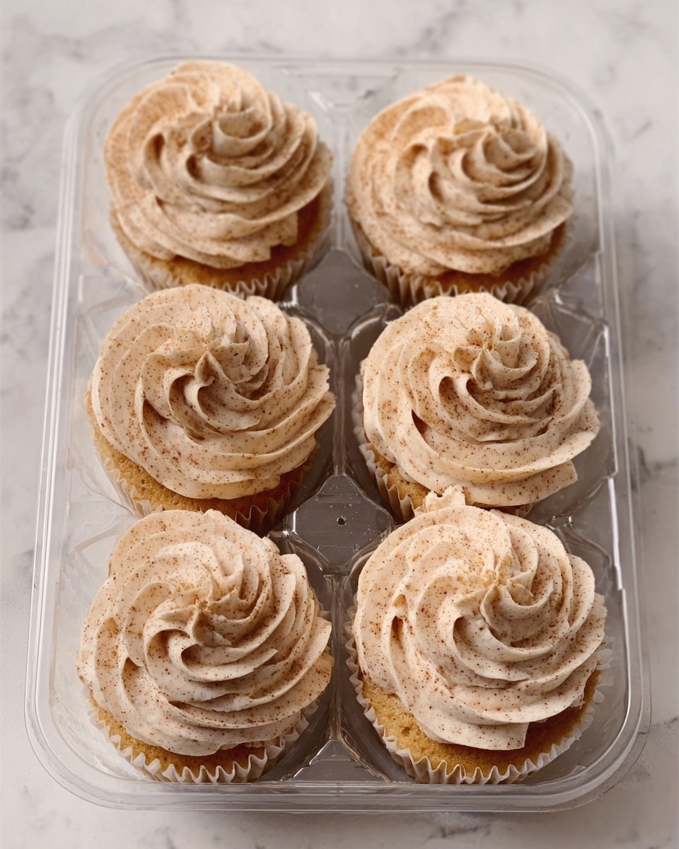 The image shows six cupcakes in a clear plastic container on a white marbled surface. Each cupcake has one layer of light brown cake at the bottom, topped with a thick swirl of light tan frosting. The frosting has a fluffy texture with small darker flecks on top, giving a slightly speckled look. The frosting swirls are evenly spaced and sit high above the cupcake base, making them the main focus. photo taken with an iphone --ar 4:5 --v 7