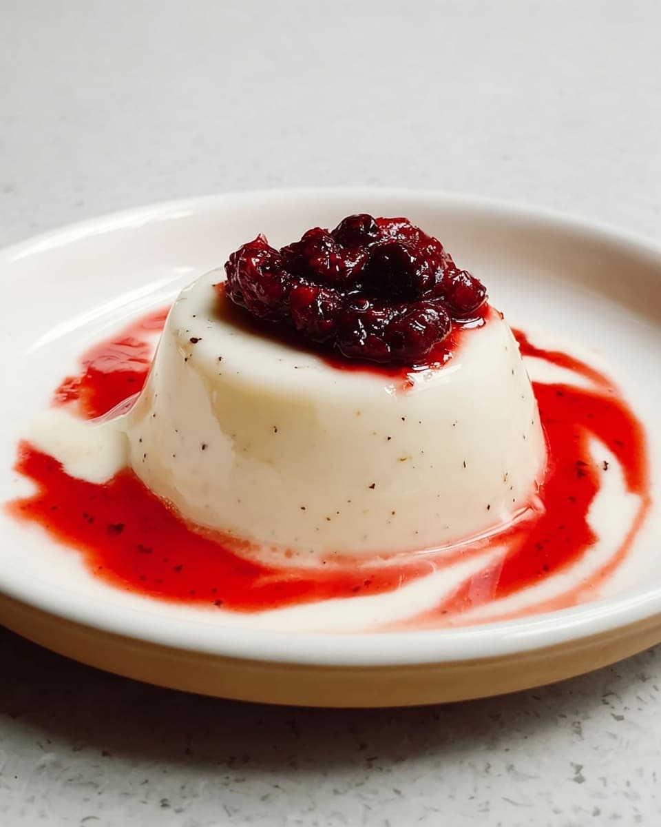 A smooth, shiny white panna cotta sits in the center of a white plate, with tiny vanilla specks visible on its surface. On top, there is a small pile of dark red berry compote, looking juicy and slightly wet. Around the base of the panna cotta, a bright red syrup pools gently, mixing slightly with a swirl of white cream on the white marbled textured background. The dessert looks soft and fresh. Photo taken with an iphone --ar 4:5 --v 7