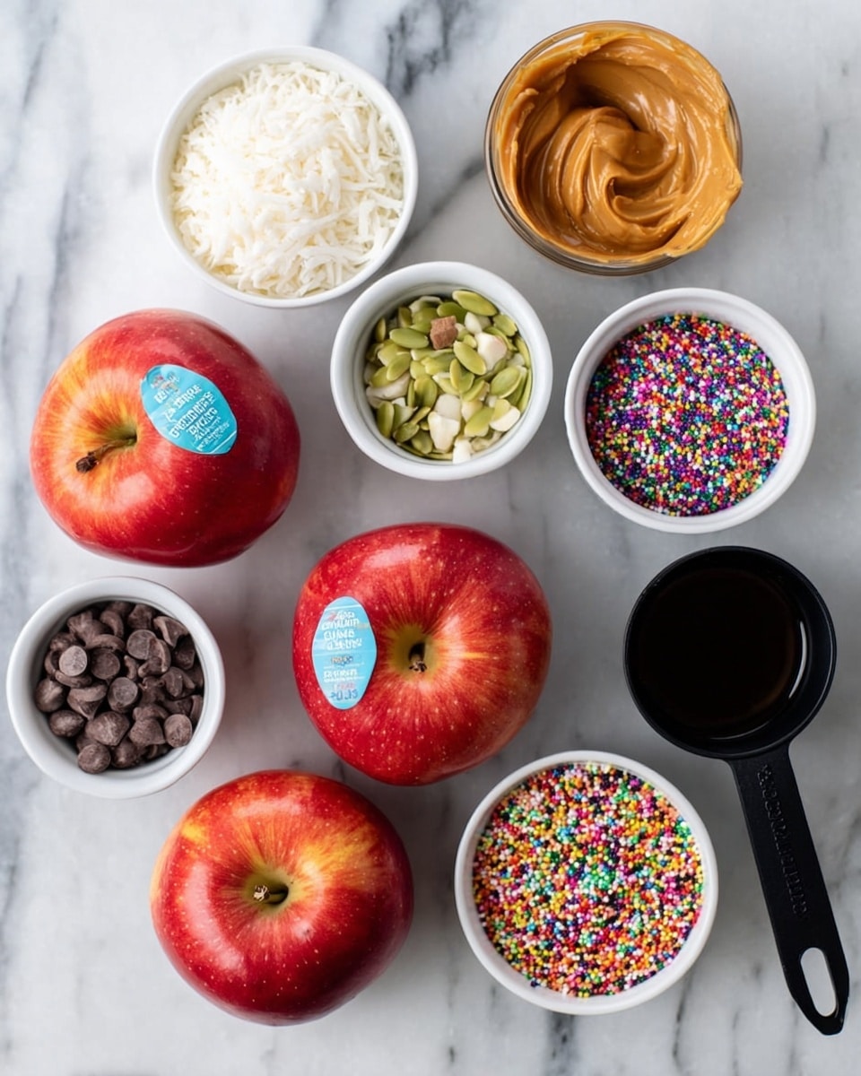 Three red apples with stickers are placed on a white marbled surface near six small white bowls filled with different ingredients: one with shredded white coconut, one with green seeds, one with colorful sprinkles, one with chocolate chunks, one with a white solid fat, and one holding a dark liquid. A black measuring cup contains smooth peanut butter. The items are arranged neatly, showing a variety of textures and colors against the white marbled background. photo taken with an iphone --ar 4:5 --v 7