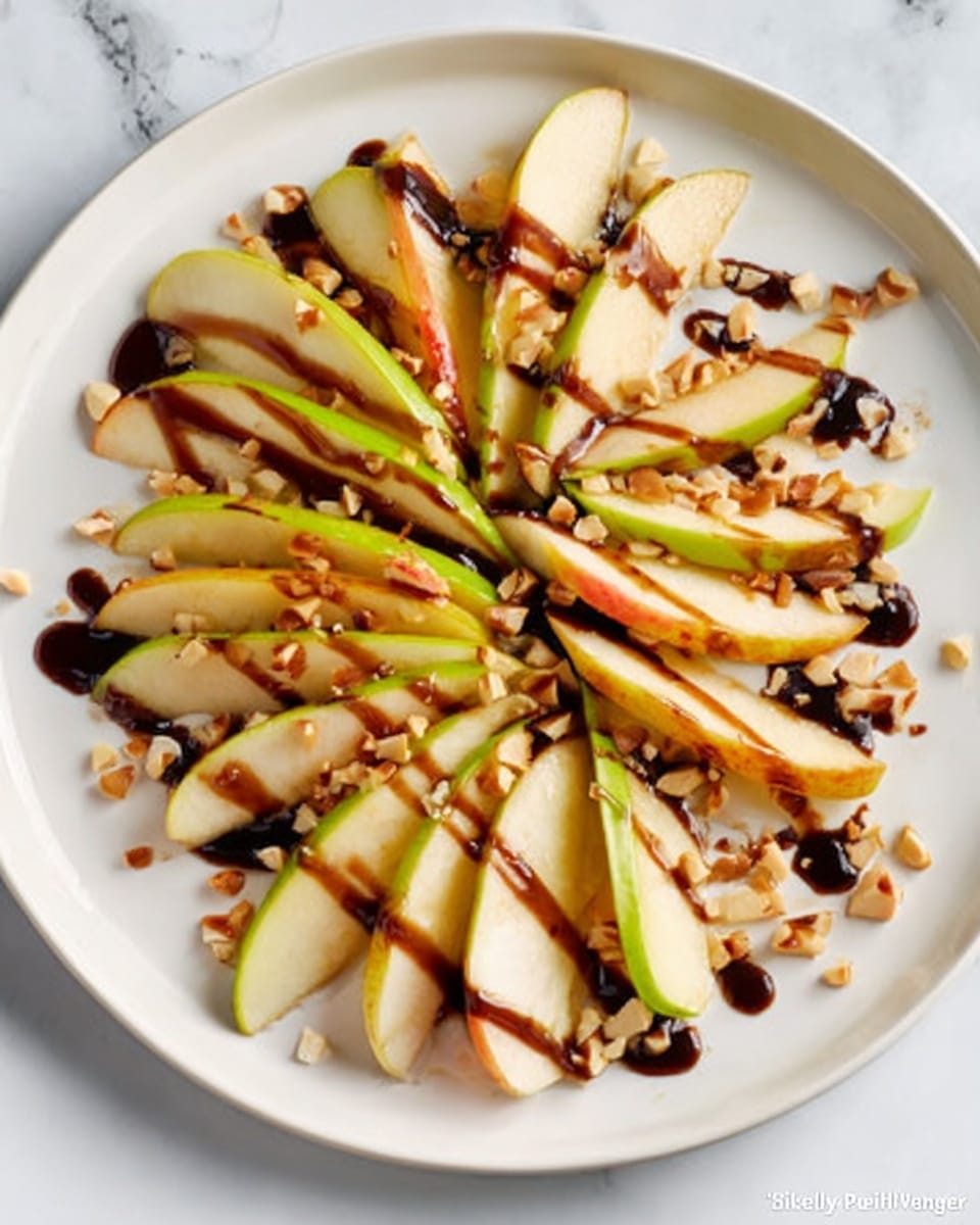 A white plate holds a neat arrangement of thinly sliced apples and pears, each slice showing a fresh, light yellow with a mix of green and red skin edges. The slices overlap slightly in a circular pattern, creating a layered fan effect. Drizzled over the fruit is a smooth dark brown sauce with a shiny, thick texture. Small pieces of chopped nuts are scattered on top, adding a crunchy texture. The background is a white marbled surface. Photo taken with an iphone --ar 4:5 --v 7