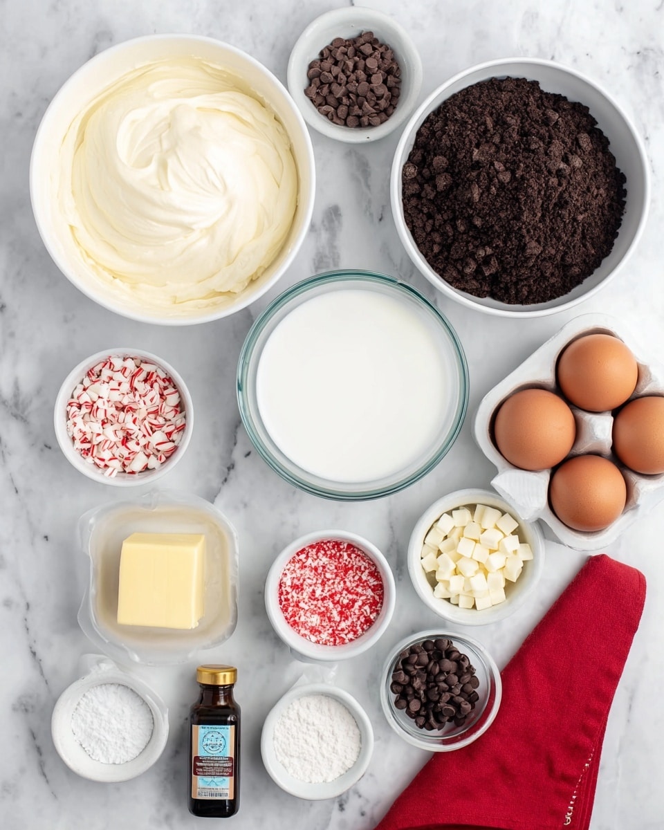 The image shows various ingredients neatly arranged on a white marbled surface for baking. There is a large white bowl filled with smooth, creamy white cream at the top left and a white bowl filled with fine dark chocolate cookie crumbs at the top right. Near the center is a clear glass bowl filled with white milk. Surrounding these are small white bowls containing white sugar, red crushed candy pieces, dark chocolate chips, white chocolate chips, white yogurt, white powdered sugar, and vanilla extract in a tiny white container. A stick of yellow butter and a small bottle of dark peppermint extract are placed at the bottom center. In the top right corner, two brown eggs rest in a white egg holder on a red cloth. The ingredients are spread out in an organized way, showing a mix of smooth, crumbly, and chunky textures. photo taken with an iphone --ar 4:5 --v 7