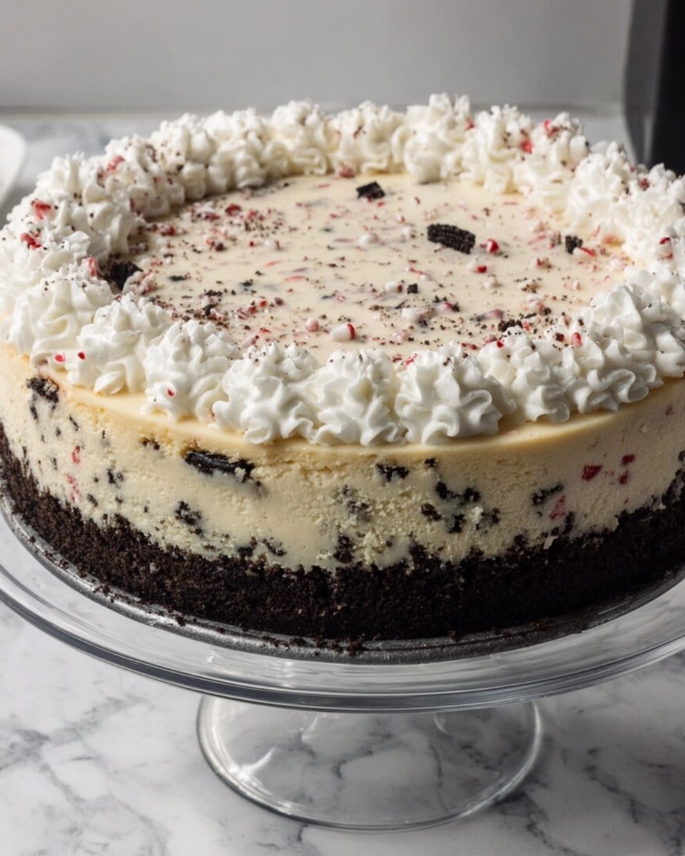 The image shows a three-layer round cheesecake on a clear glass cake stand, placed on a white marbled surface. The bottom layer is dark brown with a crumbly texture, likely made from crushed cookies. Above it is a thicker cream-colored layer with small dark bits scattered throughout. The top layer is a pale cream color with small red and dark pieces, giving it a speckled look. Around the edge of the top layer, there is a ring of white whipped cream, piped in small, fluffy swirls evenly spaced. Photo taken with an iphone --ar 4:5 --v 7