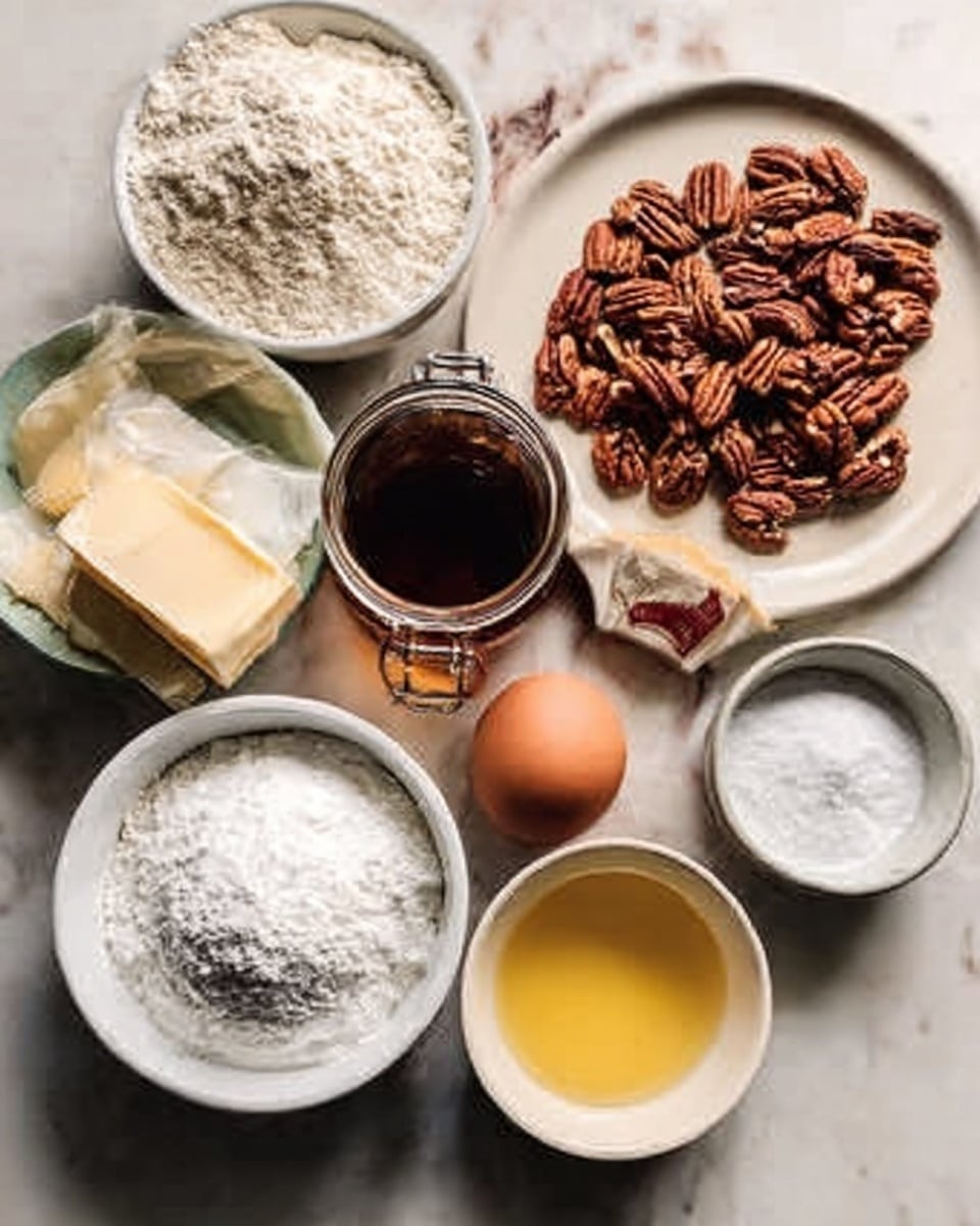 The image shows several white bowls and a white plate arranged on a white marbled surface. One bowl is filled with white flour, another holds white sugar, and a small bowl contains light brown sugar. There is a larger bowl of brown pecan nuts, a white plate with a jar of dark brown syrup or molasses, a wrapped stick of butter, and a brown egg. Two smaller white bowls contain a yellow liquid, likely melted butter or oil, and a white powder, possibly salt or baking soda. Everything is placed close together, creating a warm and inviting baking setup. photo taken with an iphone --ar 4:5 --v 7