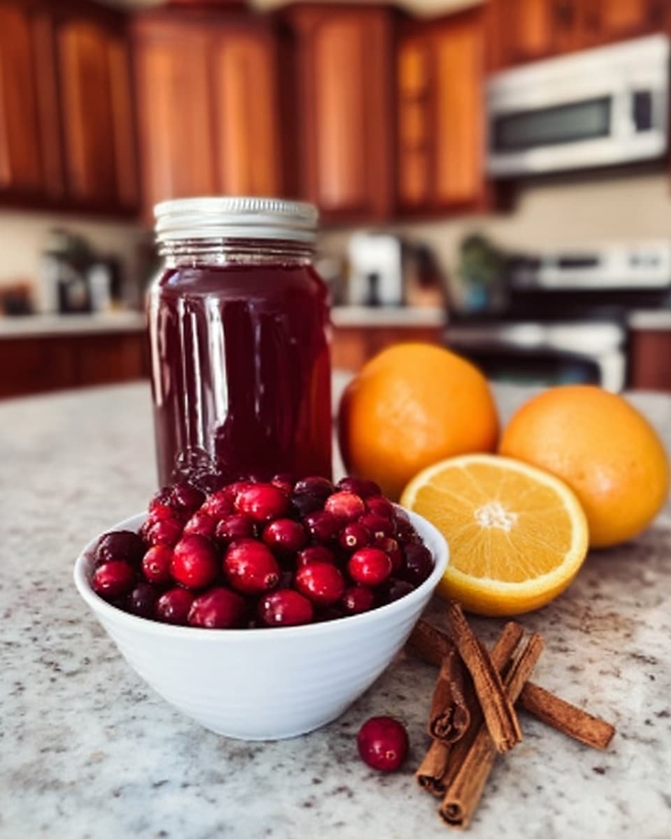 The image shows a small white bowl filled with fresh, bright red cranberries in the foreground. Behind the bowl, slightly to the left, there is a clear glass jar filled with dark red liquid, sealed with a metal lid. To the right of the jar, there are two whole oranges, one whole and the other cut in half showing its juicy orange inside. Two cinnamon sticks rest beside the bowl of cranberries on a white marbled counter. The background is a soft focus kitchen with warm wooden cabinets and stainless steel appliances. Photo taken with an iphone --ar 4:5 --v 7