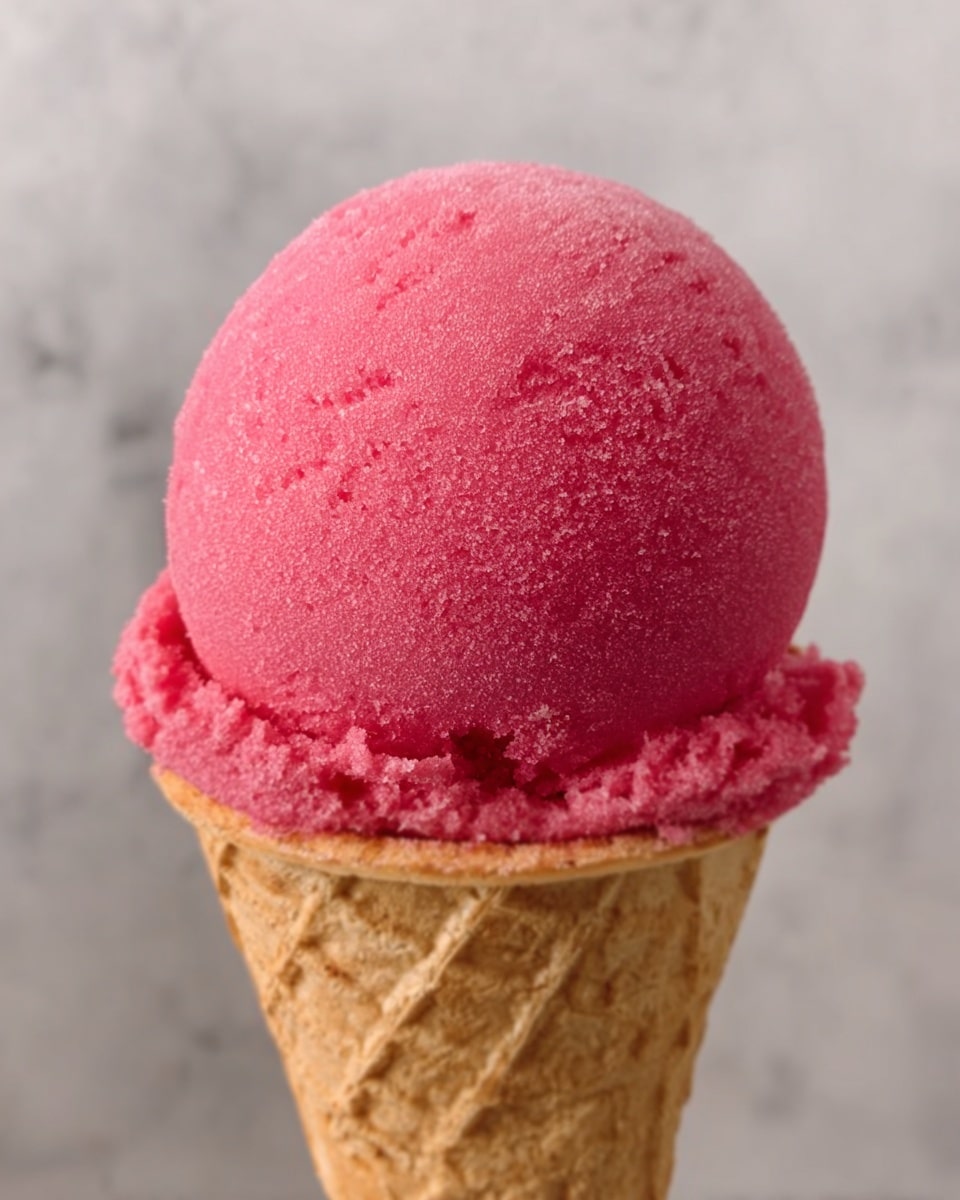 A single bright pink ice cream scoop with a smooth, slightly textured surface sits on top of a light tan waffle cone. The scoop has a rounded dome shape with a small ridge where it meets the cone, showing a bit of rough texture around the edge. The cone is crisp and patterned with small diamond shapes. The background is a white marbled texture. Photo taken with an iphone --ar 4:5 --v 7