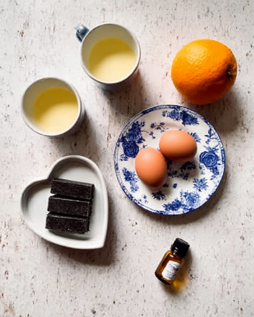 The image shows a top view of several items placed on a white marbled surface. There are two white cups filled with a light yellow drink and white liquid, positioned at the top left. Below them is a small heart-shaped white bowl holding two brown eggs. To the right of the eggs, there are four dark rectangular pieces arranged on a white plate with a blue floral pattern. Near the top right corner, there is a whole orange and a small amber bottle with a black cap. The photo taken with an iphone --ar 4:5 --v 7