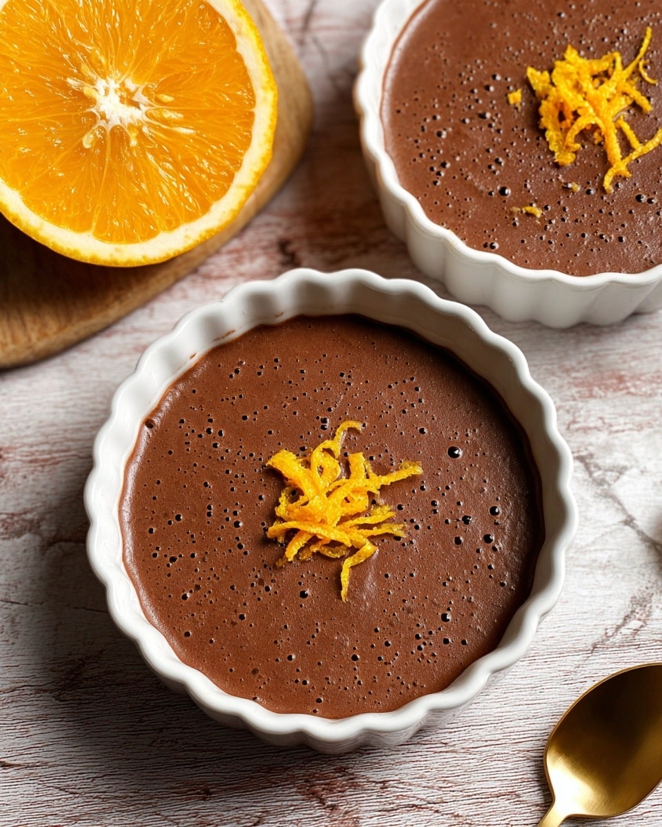 There are two small white scalloped-edge bowls filled with a smooth, dark brown chocolate mousse that has tiny bubbles on the surface. Each bowl has a small pile of bright orange zest curls in the center. One bowl is near the bottom center, and the other is partially shown near the top right. A half orange with visible juicy segments is placed on the top left on a wooden textured surface. A shiny gold spoon lies near the bottom right edge of the image. The background is changed to a white marbled texture. photo taken with an iphone --ar 4:5 --v 7