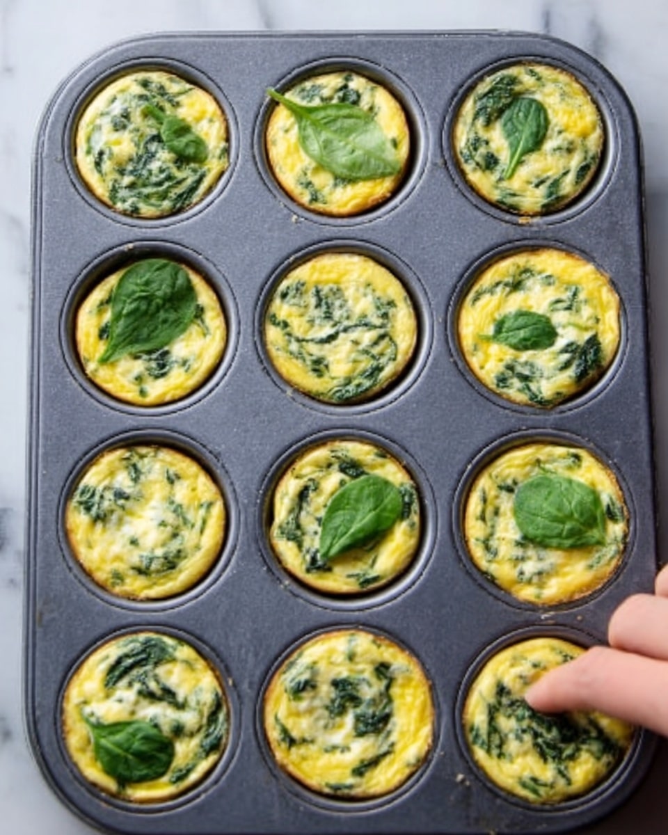 The image shows a muffin tin with twelve small, round egg muffins, each filled with green spinach pieces visibly mixed throughout the yellow egg base. The muffins have lightly browned tops with a slightly uneven, soft texture, and some spinach leaves are sitting on the surface. The muffins sit inside the gray metal muffin tray, and the tray rests on a white marbled surface. A woman's hand is reaching toward one of the muffins on the right side of the tray. photo taken with an iphone --ar 4:5 --v 7