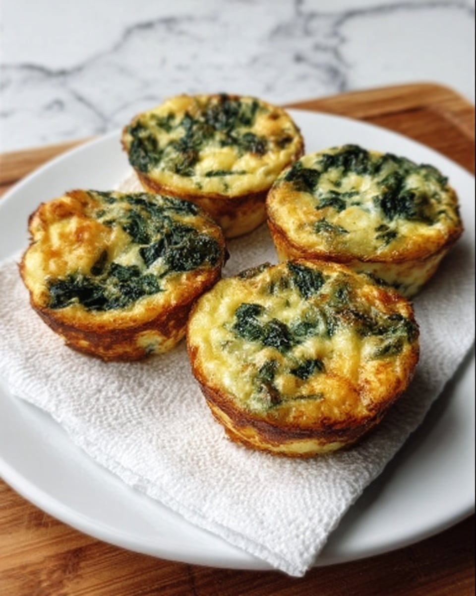 Four small round egg muffins with visible green spinach pieces are placed on a folded white paper towel on a white plate. The muffins have a golden brown top with slightly browned edges and a soft, fluffy texture inside. The plate is set on a white marbled wooden surface. Photo taken with an iphone --ar 4:5 --v 7