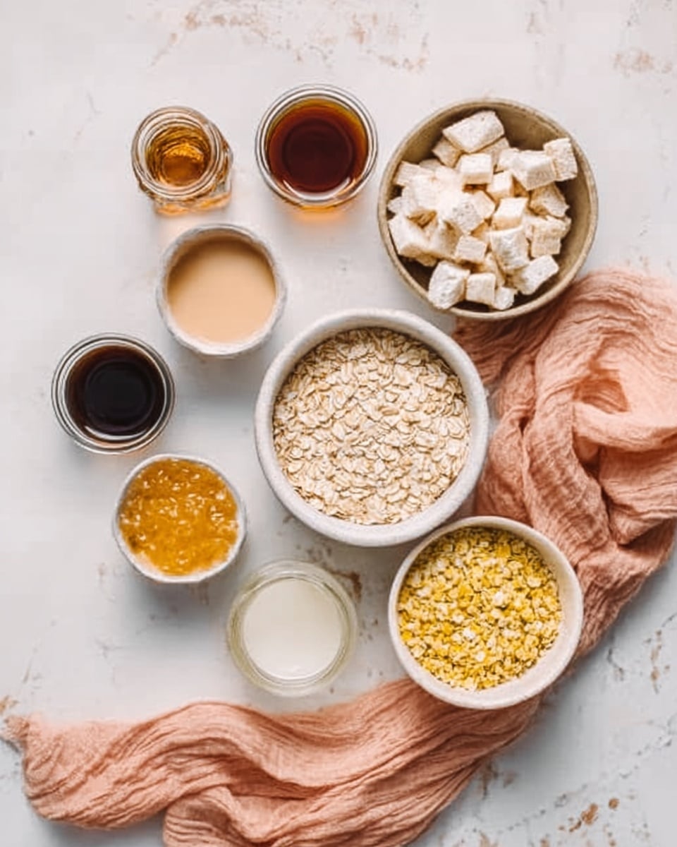 The image shows a white marbled surface with several small white bowls and glass containers arranged neatly. The top right bowl is filled with small chunks of white bread or croutons. In the middle, there is a bowl filled with light beige rolled oats. On the bottom right, a white bowl contains a yellow grainy substance. There are also various small glass jars with different ingredients including a dark brown liquid, an amber liquid, and a creamy white liquid. A soft peach-colored cloth is loosely spread around the bowls. Photo taken with an iphone --ar 4:5 --v 7