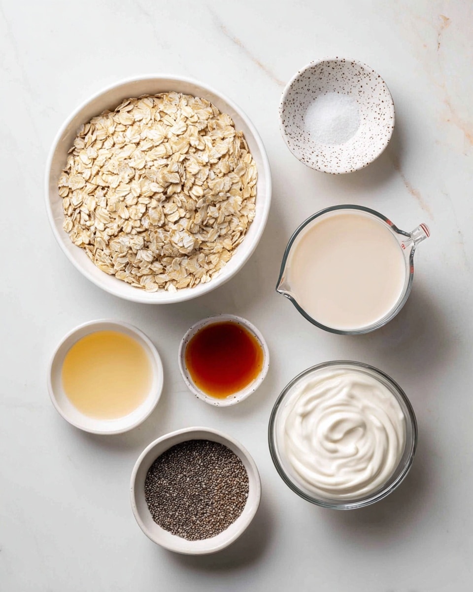 The image shows seven bowls and a clear measuring cup arranged over a white marbled surface. The largest white bowl near the center is filled with light beige rolled oats that have a flat and flaky texture. Above this bowl is a small white speckled dish containing a small pile of white powder, likely salt. To the right of that is a glass measuring cup filled with a smooth, light cream-colored liquid. Below the measuring cup is a small white bowl holding a dark amber liquid with a glossy texture. At the bottom right corner is a clear bowl filled with thick, white yogurt swirled smoothly. Below the oats bowl is another small white bowl containing a light brown powder with a fine texture. To the left of that bowl is a tiny clear cup with a small amount of pale yellow liquid. At the top left corner is a white bowl filled with tiny dark chia seeds, which have a speckled black and white appearance. The photo taken with an iphone --ar 4:5 --v 7