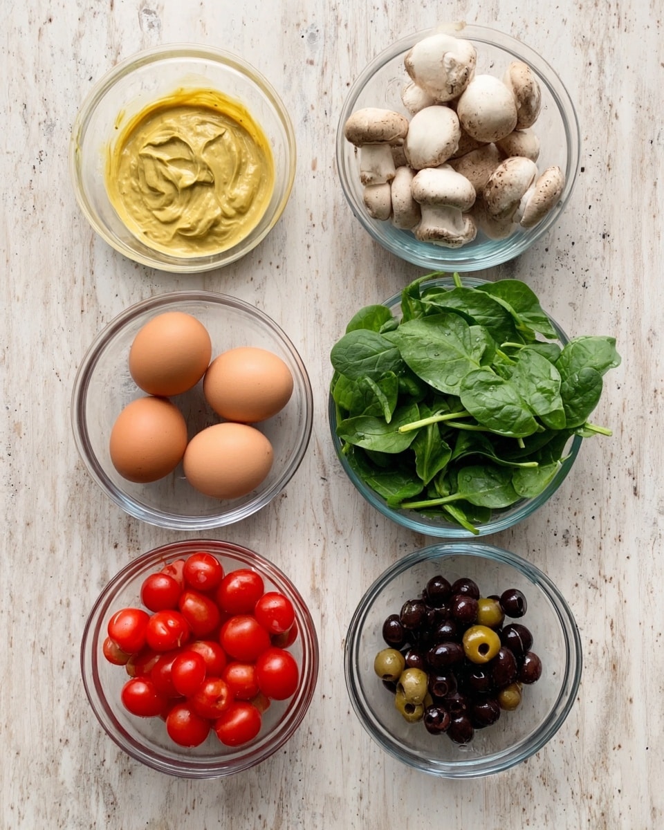 The image shows six clear glass bowls arranged on a white marbled surface. The top row has three bowls: the left one filled with yellow mustard sauce, the middle one with whole white mushrooms, and the right one with fresh green spinach leaves. The bottom row has three bowls as well: the left one filled with red cherry tomatoes, the middle one with three brown eggs, and the right one with black olives. The colors are bright and fresh, and each bowl holds a single ingredient. Photo taken with an iphone --ar 4:5 --v 7