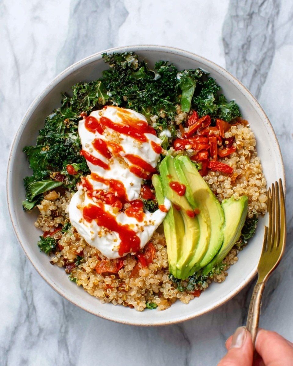 The image shows a white bowl filled with layered food placed on a white marbled surface. At the bottom, there is a layer of cooked grains or quinoa, light brown with some red specks. On top of that, there are sections of vibrant green kale on one side and sliced avocado with smooth light green texture on the other side. In the middle, there are three dollops of white creamy sauce, each topped with a drizzle of bright red sauce. Red and orange roasted pepper pieces add color near the top edge. A golden fork rests next to the bowl, where a woman's hand is seen reaching toward the food. photo taken with an iphone --ar 4:5 --v 7