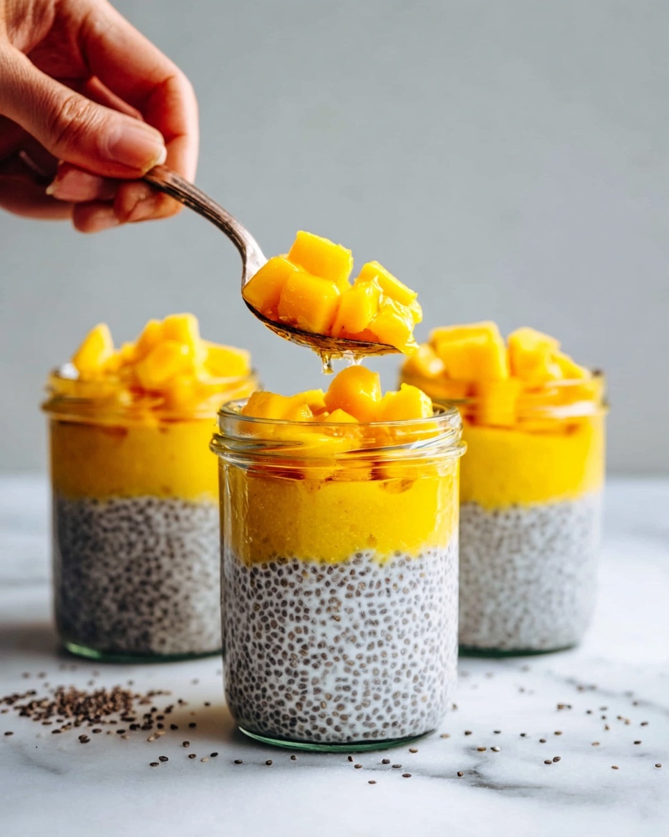 A clear glass jar shows three layers: the bottom layer is white chia seed pudding with black chia seeds scattered evenly throughout; above it is a bright yellow mango puree layer with a smooth, slightly thick texture; the top layer consists of small chunks of fresh mango piled on top. A woman's hand holding a spoon is scooping some mango chunks from one of the jars. The jars are placed on a white marbled surface with some scattered chia seeds around them. The background is softly blurred. photo taken with an iphone --ar 4:5 --v 7