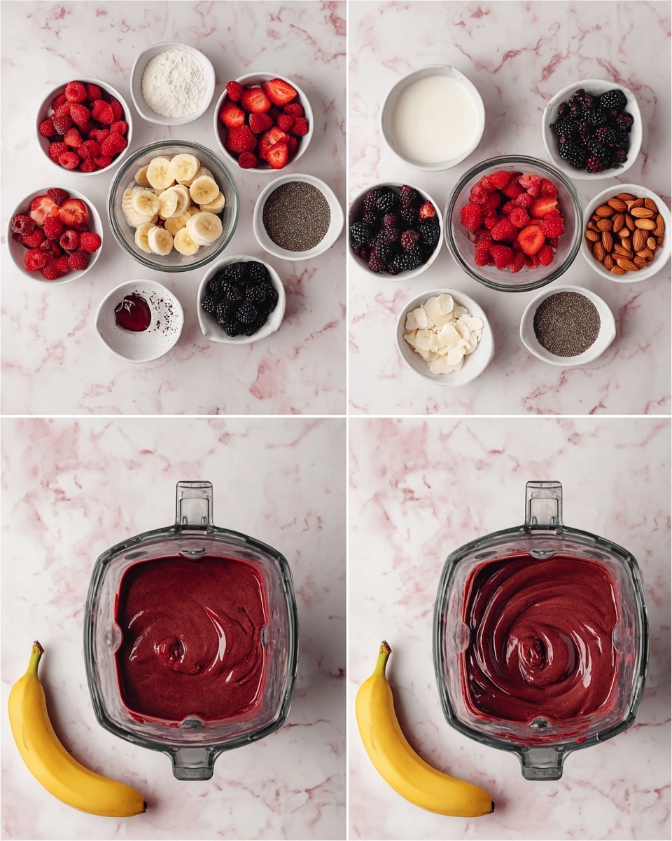 The image series shows the process of making a smoothie from fresh fruit and other ingredients. In the first frame, a clear blender jar contains sliced yellow banana pieces on top of red raspberries and dark blackberries. Surrounding the blender on a white marbled surface are small white bowls filled with strawberries, raspberries, blackberries, coconut chunks, chia seeds, almonds, a white bowl of milk, and two yellow bananas. The second frame shows the same blender now filled with a thick, smooth, deep red-purple blended mixture. The same bowls and fruit remain around the blender in the same arrangement on the white marbled surface. The third frame shows the blended smoothie poured into a white bowl, with a thick, creamy texture and a smooth surface with swirling patterns. The bowls of fruit and ingredients are still arranged around the bowl on the white marbled surface. photo taken with an iphone --ar 4:5 --v 7
