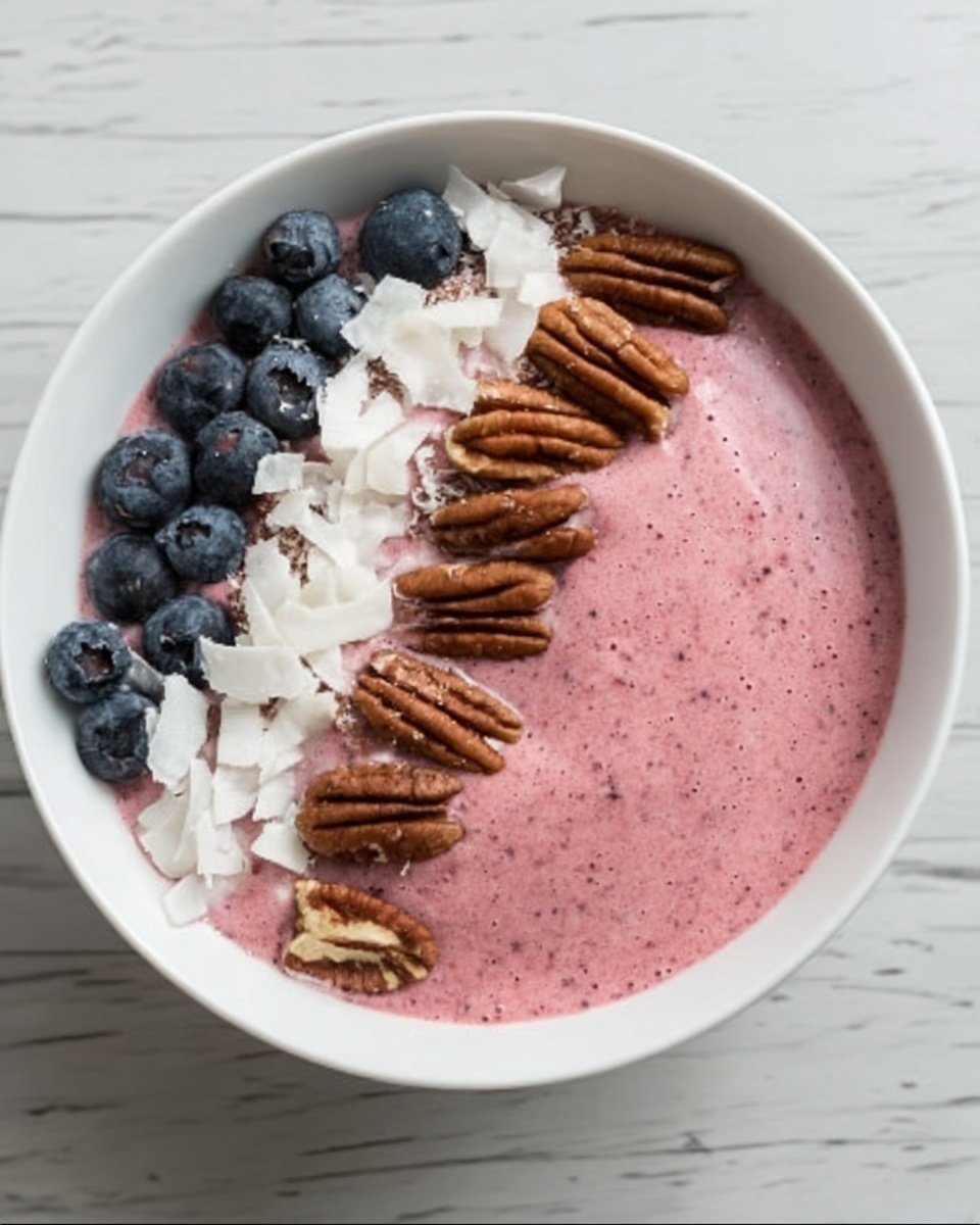 A white bowl filled with pink smoothie on the right side, smooth and creamy in texture. On the left side of the bowl, there are three layers of toppings: a row of dark blue blueberries closest to the bowl edge, a middle row of white coconut flakes, and a bottom row of brown pecans, all neatly lined up. The bowl is placed on a white marbled surface. Photo taken with an iphone --ar 4:5 --v 7