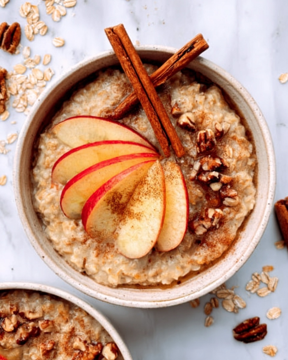 A white bowl filled with thick oatmeal topped with five apple slices arranged in a fan shape. The oatmeal has a creamy light brown color, sprinkled with darker brown cinnamon powder and small bits of nuts on one side. Two cinnamon sticks are placed crossed on the top edge of the bowl. The bowl is on a white marbled surface with some oats scattered around. Another similar white bowl with oatmeal and apple slices is partly visible at the bottom left corner. Photo taken with an iphone --ar 4:5 --v 7