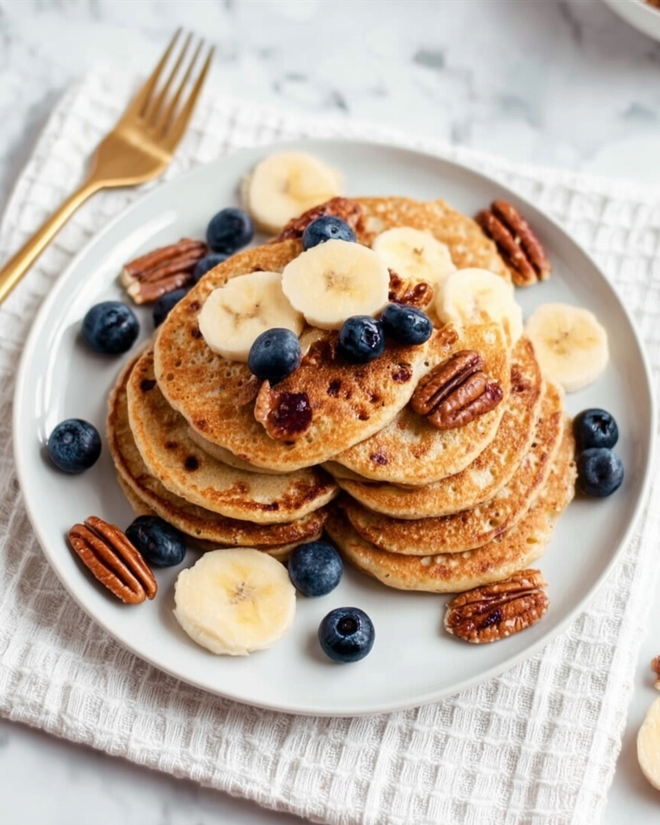 A white plate with seven small, round, golden-brown pancakes stacked slightly unevenly. Each pancake shows a soft texture with small bubbles on the surface. On top, there are several banana slices, mostly pale yellow with a smooth texture, scattered across the pancakes. Bright blue blueberries are spread over the pancakes, adding pops of deep blue color. Dark brown pecans with a rough texture are placed around the pancakes on the plate. The plate is set on a white marbled surface with a white and light gray checkered cloth underneath. To the left of the plate, there is a gold fork. Photo taken with an iphone --ar 4:5 --v 7