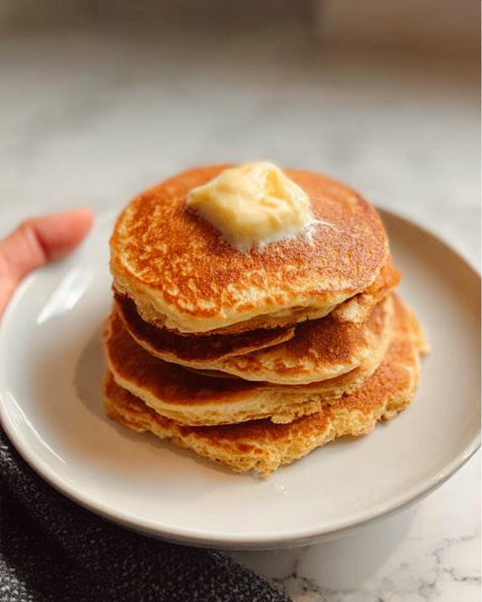 A stack of four golden brown pancakes sits on a white plate with a dollop of light yellow butter melting on the top pancake. The pancakes have a slightly uneven round shape and a soft, fluffy texture with some crispy edges visible. The plate is placed on a white marbled surface with a blurred kitchen background. A woman's hand is holding the plate gently from the side. photo taken with an iphone --ar 4:5 --v 7