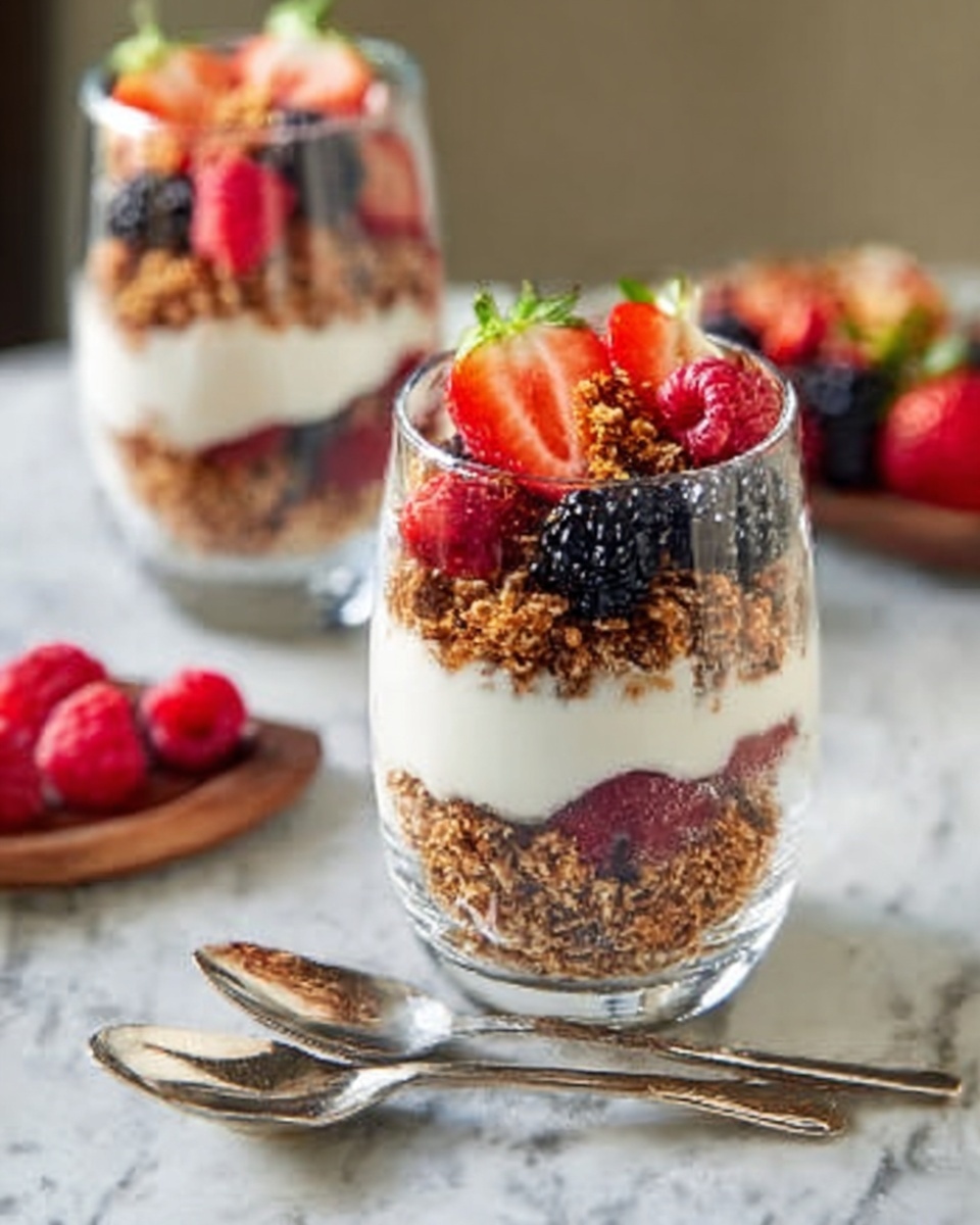 The image shows two clear glasses filled with a three-layer dessert placed on a white marbled surface. The bottom layer is white yogurt, smooth and creamy in texture. Above the yogurt, there is a thick layer of golden-brown granola that looks crunchy. On top, a colorful mix of fresh berries including red strawberries, blackberries, and raspberries forms the final layer, adding vibrant reds and dark purples. One glass is closer to the front, slightly off-center, and the other is in the background, softly out of focus. Next to the front glass lies a pair of shiny silver spoons. Photo taken with an iphone --ar 4:5 --v 7