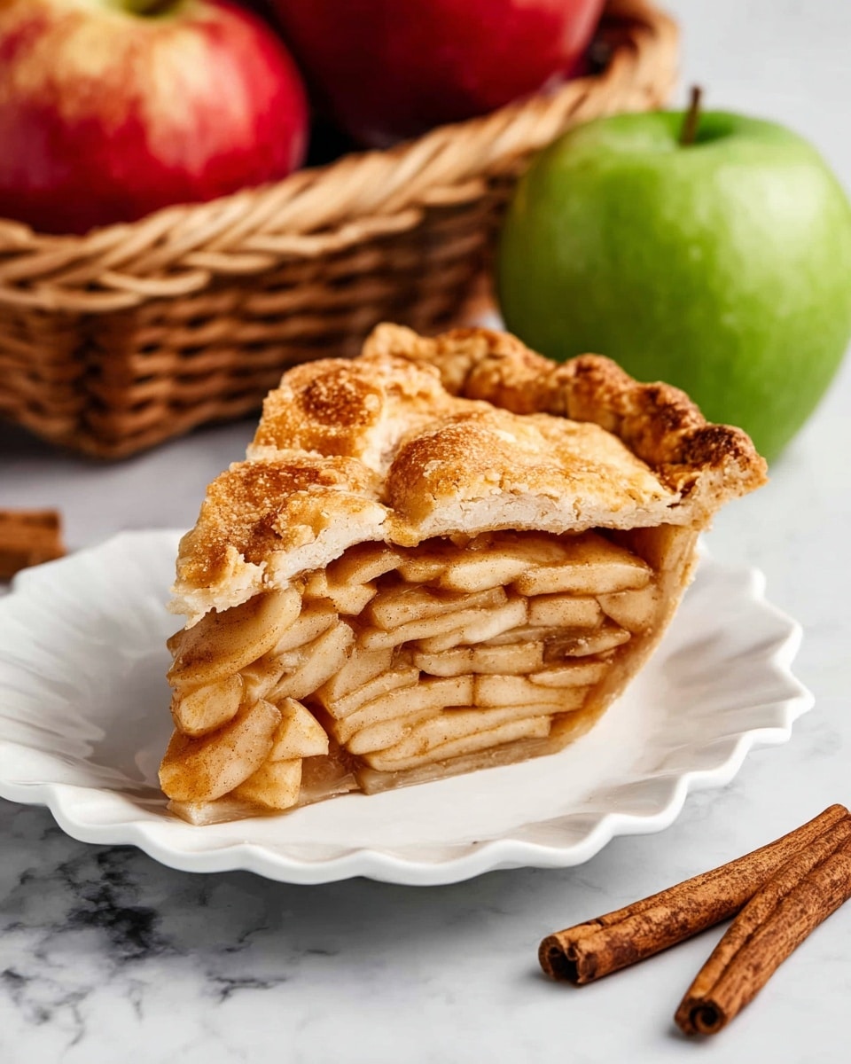 The image shows a pie crust placed inside a white pie dish at the top right, smooth and pale beige in color with slightly crimped edges. Below and to the left, there is a clear glass bowl filled with a mix of shiny green and red apples, forming one colorful layer. Around these, small white bowls hold different ingredients: at top left, a bowl of salt, below it cinnamon powder, then brown sugar, and flour; to the right of the apples, bowls contain white sugar, milk, dark vanilla liquid, and ground nutmeg, each bowl showcasing different soft textures and colors on a white marbled background. photo taken with an iphone --ar 4:5 --v 7