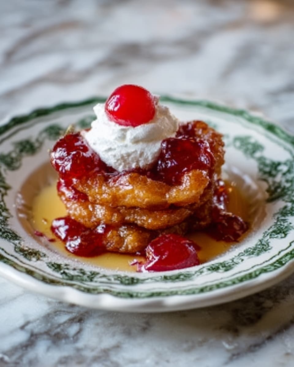 The image shows a plate with a stack of golden-brown fried pastries soaked in syrup, topped with a white dollop of cream and a single bright red cherry on top. The syrup is dripping down the sides of the pastries, creating a shiny, sticky texture. The plate is white with a decorative green pattern around the edges and it rests on a white marbled surface. Photo taken with an iphone --ar 4:5 --v 7