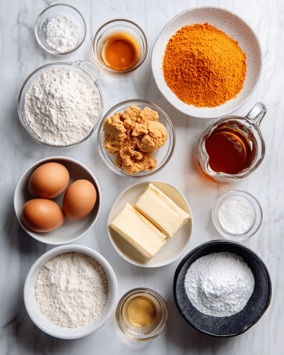 The image shows several small white bowls and clear glass containers arranged neatly on a white marbled surface, each holding different ingredients. One bowl is filled with white flour, another with a bright orange powder, and a third with white granulated sugar. There are two brown eggs resting directly on the surface. A white bowl contains a light brown, crumbly substance, and two rectangular pieces of pale yellow butter are placed nearby. A glass pitcher contains a dark amber liquid, and a smaller bowl holds a light golden liquid. Another black bowl, now changed to white, is filled with powdered sugar. All items are evenly spaced, showing a clean and organized setup for baking. Photo taken with an iphone --ar 4:5 --v 7