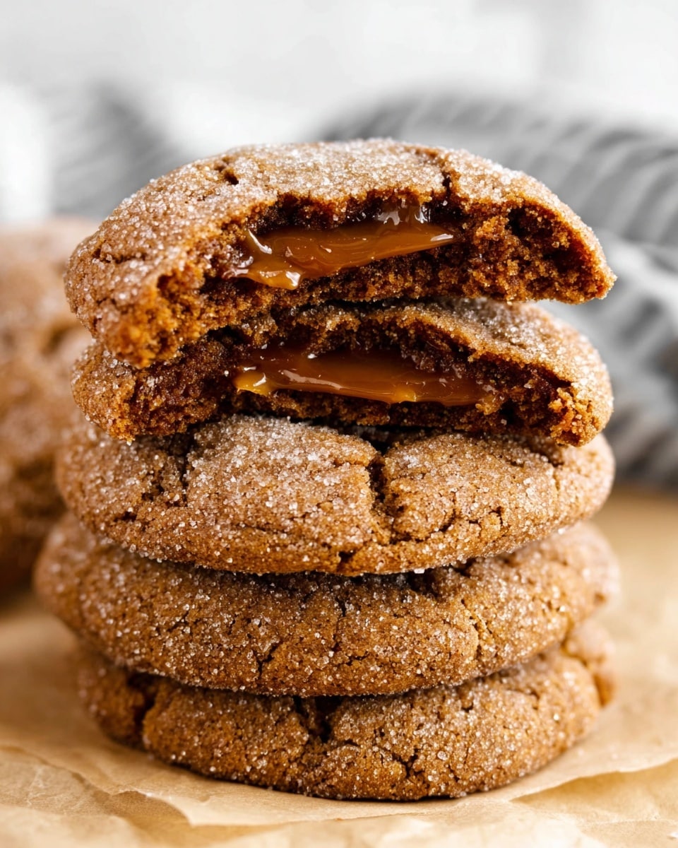 A stack of four large brown cookies with a cracked, rough texture and a light sugar coating on top is shown sitting on a piece of parchment paper. The top cookie is broken open slightly, revealing a soft, melted caramel layer inside that is a shiny, golden-brown color. The background features a white marbled texture and a soft focus on a white and black cloth. Photo taken with an iphone --ar 4:5 --v 7