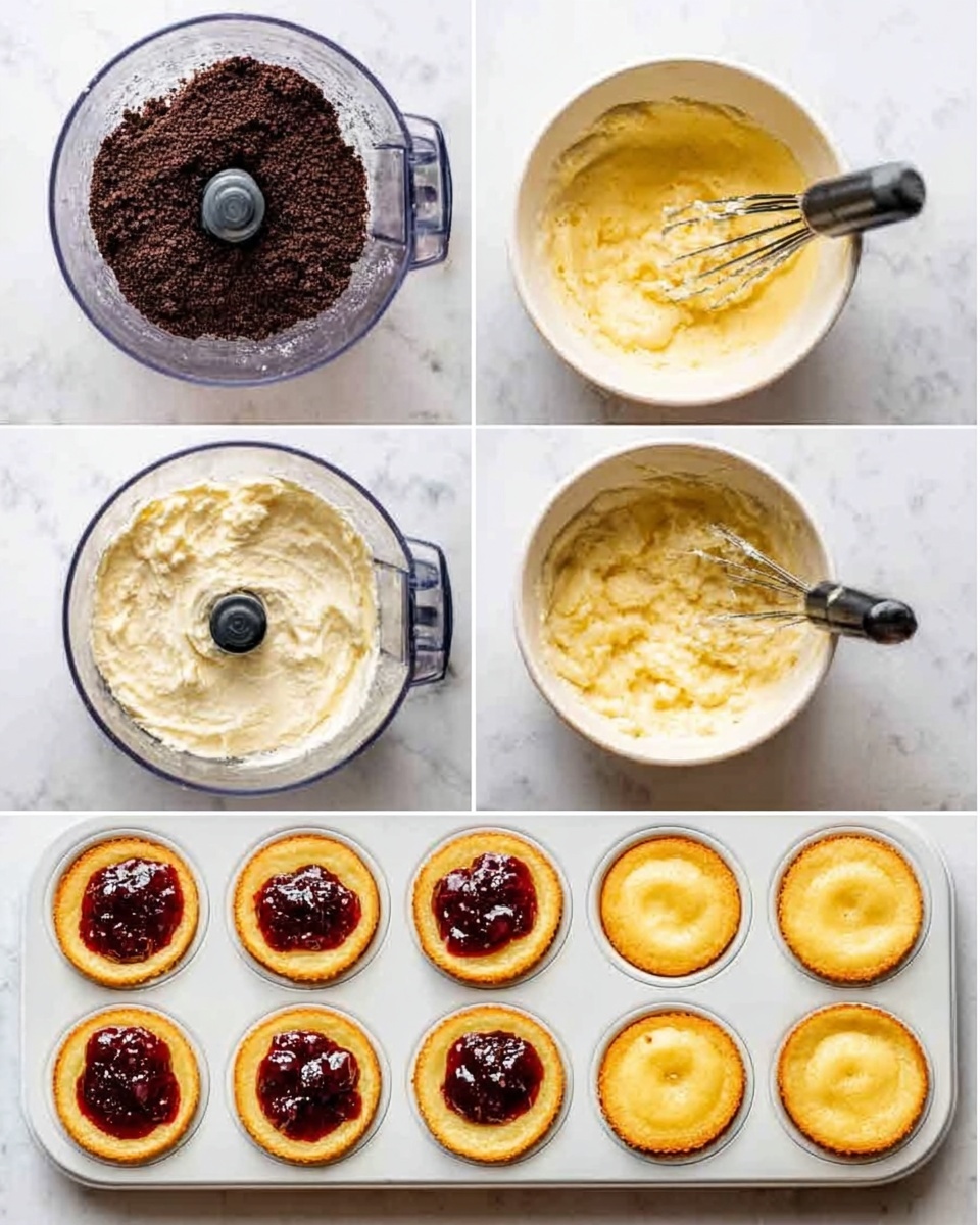 Mini Cherry Cheesecakes Recipe 4 The image shows a sequence of six small square photos arranged in two rows. The first photo is a food processor bowl filled with dark brown crushed bits. The second photo is a white bowl with a fluffy, creamy yellow mixture being stirred with beaters. The third photo shows a smooth, pale batter in the white bowl. The fourth photo displays a white muffin tray with empty circular molds. The fifth photo shows the same muffin tray filled with golden brown round baked cakes. The sixth photo shows the baked cakes topped with a thick, glossy, dark red-purple jam, all on the white marbled surface. The overall scene is clean and bright, focusing on the baking process. Photo taken with an iphone --ar 4:5 --v 7