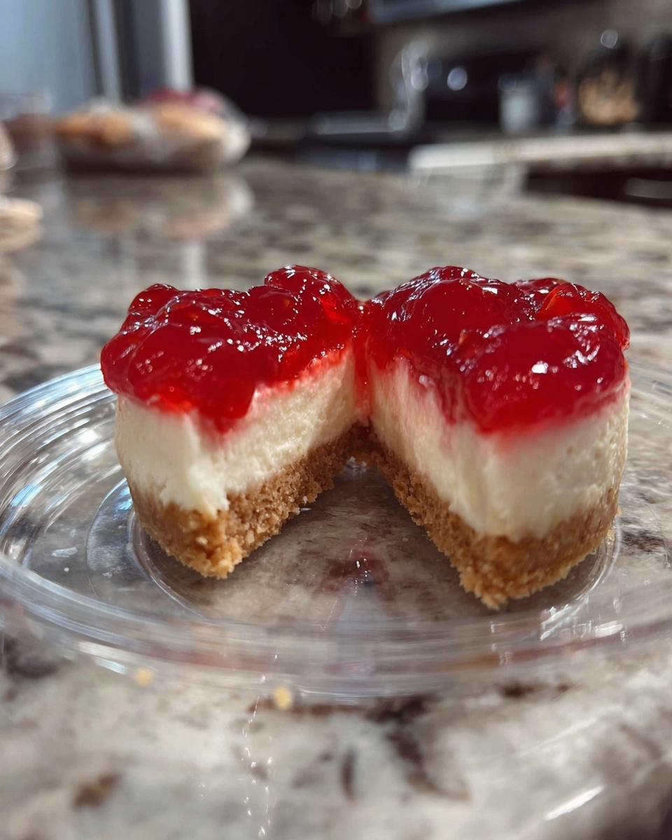 Mini Cherry Cheesecakes Recipe 5 The image shows a small cheesecake cut in half on a clear plate. It has three layers: the bottom layer is a light brown crumbly crust, the middle layer is a thick white creamy cheesecake, and the top layer is bright red with glossy cherries and jelly. The cheesecake is placed on a white marbled surface with a blurred kitchen background. Photo taken with an iphone --ar 4:5 --v 7