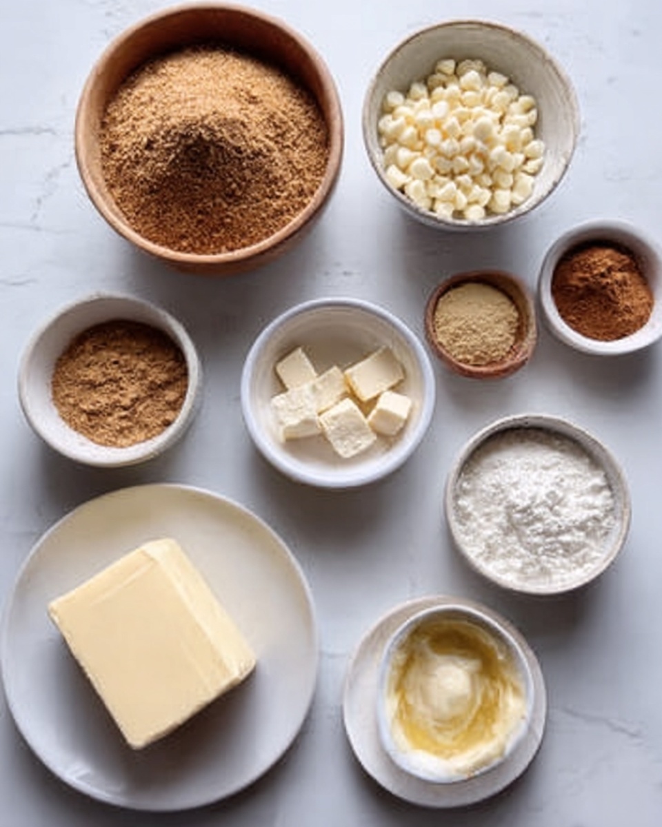 No-Bake Gingerbread Spice Cheesecake Cups Recipe 4 A white wooden table holds several small white bowls and plates arranged neatly, each containing different baking ingredients: a large bowl filled with brown flour on the top left, a small bowl of white chocolate chips on the top right, and a small bowl filled with light brown powder near the center. Below them are bowls with wet ingredients, including a melted butter mixture in a white bowl, and a square block of butter on a white plate near the center right. Other bowls contain warm spices and shortening, with the colors ranging from creamy white to light yellow and brown. The setup looks clean and organized, with all elements placed on a white marbled surface. Photo taken with an iphone --ar 4:5 --v 7