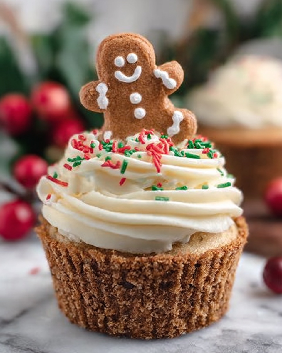 No-Bake Gingerbread Spice Cheesecake Cups Recipe 5 A cupcake shown close up has three main parts. The base is a light brown with small bits giving a rough texture. On top is a big swirl of white cream with some red and green small stick shapes sprinkled. Stuck into the cream is a brown gingerbread man cookie with white icing on the eyes, mouth, buttons, and wrists. The background is blurry with some red berries and green leaves visible. The cupcake sits on a white marbled surface. photo taken with an iphone --ar 4:5 --v 7