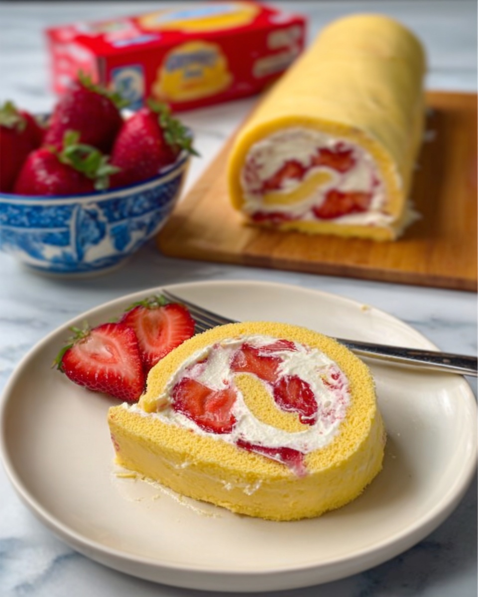 A slice of yellow cake roll is placed on a white plate, showing multiple layers inside. The outer layer is smooth and yellow, while the inside reveals a thick, creamy white layer packed with sliced red strawberries evenly spread through the cream. Behind the plate, there is a wooden board with the remaining cake roll, partially rolled and filled similarly with strawberries and cream. To the left side, a blue and white bowl holds fresh strawberries, and a red carton of cream is visible in the background. The whole scene rests on a white marbled surface. photo taken with an iphone --ar 4:5 --v 7