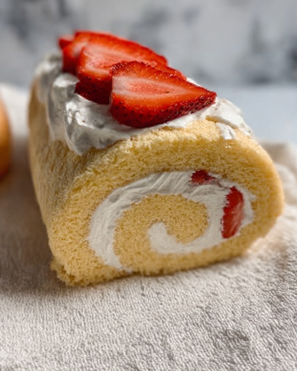 A close-up view of a slice of Swiss roll cake resting on a textured white cloth, showing a light yellow sponge cake rolled around a generous white cream filling that spirals through the center. The top of the roll is covered with a thick layer of white cream and decorated with three sliced red strawberries arranged neatly on top. The background features a white marbled surface. Photo taken with an iphone --ar 4:5 --v 7