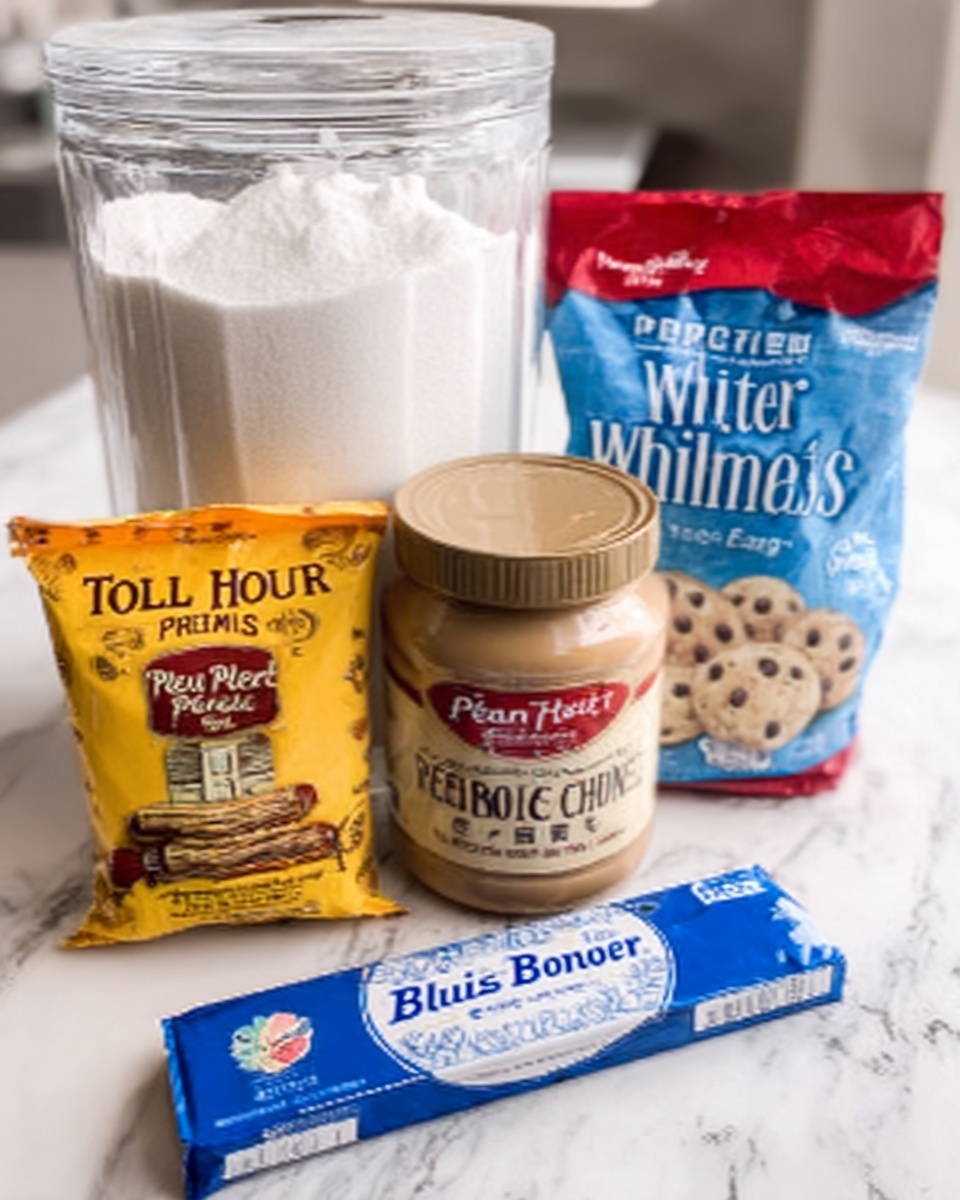 Peanut Butter Snowballs Recipe 4 The image shows four food packages arranged on a white marbled surface. At the back left is a large, clear container filled with white granulated sugar. To the right of it is a jar of Peter Pan peanut butter with a tan lid and red label. In front of the sugar container, there is a yellow bag of Toll House semi-sweet chocolate chip cookie mix. Next to it on the right is a blue and white bag of premium white morsels. In front of these two bags, there is a stick of Blue Bonnet regular spread in white and blue packaging. photo taken with an iphone --ar 4:5 --v 7