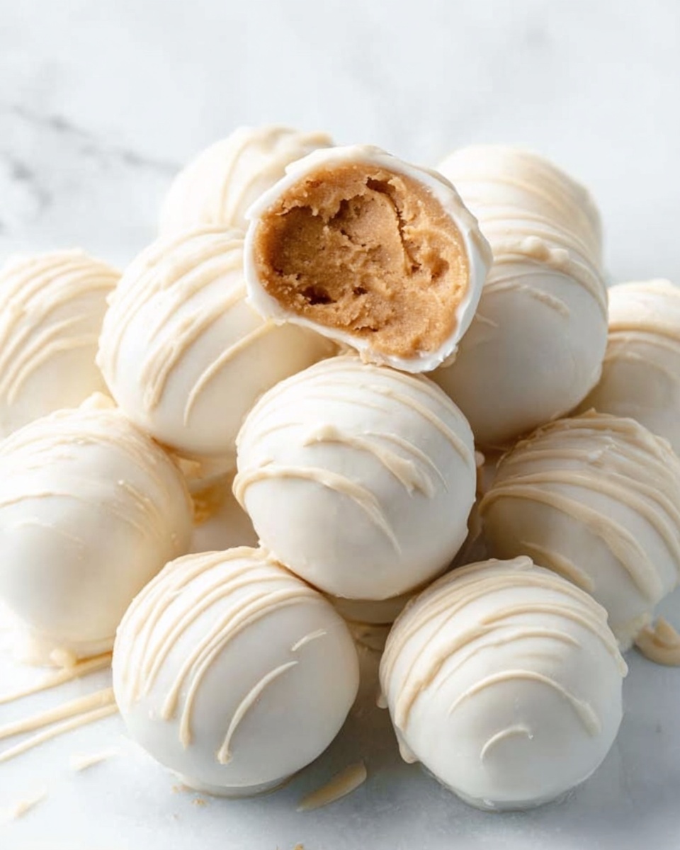 Peanut Butter Snowballs Recipe 5 The image shows a small white bowl filled with light brown peanut butter, which has a smooth and creamy texture. Around the bowl, there are many white chocolate-covered peanut butter balls. Each ball is round and shiny with a smooth white coating, some with a thin drizzle of extra white chocolate on top for decoration. One of the balls is broken open at the top, revealing the soft, light brown peanut butter inside. The bowl and treats rest on a white marbled surface, giving a clean and bright look. Photo taken with an iphone --ar 4:5 --v 7