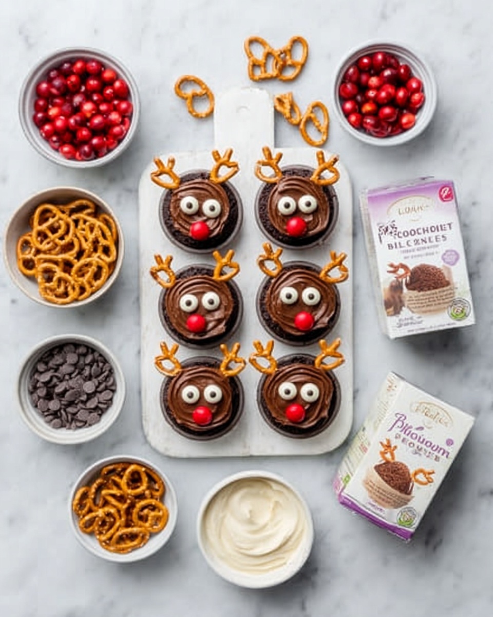 The image shows eight cupcake-sized brownies decorated as reindeer faces, arranged on a white wooden board and a white marbled surface around it. Each brownie is topped with a smooth layer of chocolate frosting that forms the face, and two round eyes made from white and dark chocolate pieces. Small red candies create the noses, and pretzels on top form antlers. Surrounding the board are bowls of chocolate chips, sliced almonds, red candies, pretzels, and white and chocolate frosting. In the middle is a gluten-free chocolate brownie mix box resting on the white marbled surface. The setting is bright and clean. Photo taken with an iphone --ar 4:5 --v 7