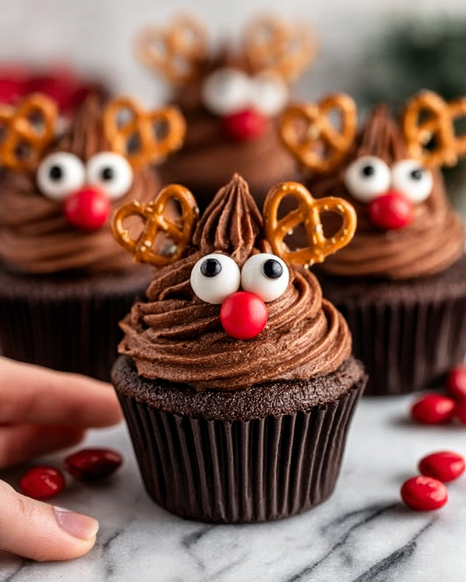 The image shows a chocolate cupcake topped with smooth, swirled chocolate frosting. On top, there are two round white candy eyes with black centers placed near the front, a small red candy nose below the eyes, and two pretzels positioned behind the eyes to look like antlers. The cupcake liner is dark brown, and the cupcake is sitting on a white marbled surface. In the background, there are more similar cupcakes and scattered red candies, creating a cozy, festive feel. A woman's hand can be seen holding one cupcake from the side. Photo taken with an iphone --ar 4:5 --v 7